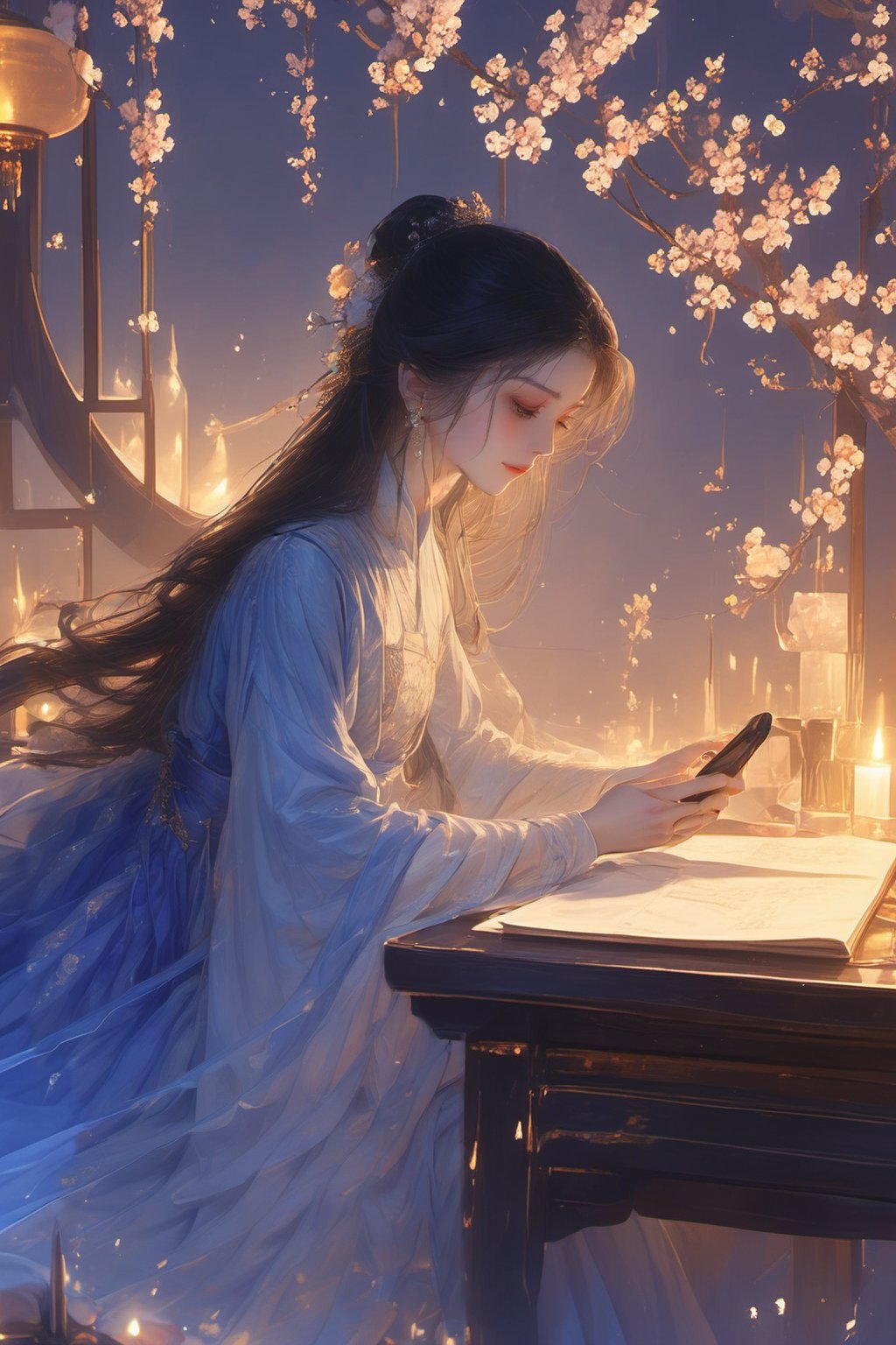 1girl,candle,long hair,solo,book,hair ornament,jewelry,earrings,black hair,hair bun,window,chinese clothes,flower,dress,blue dress,holding,holding_phone,looking down,branch,table,sitting,night,indoors,long sleeves,peach blossom,GFGF