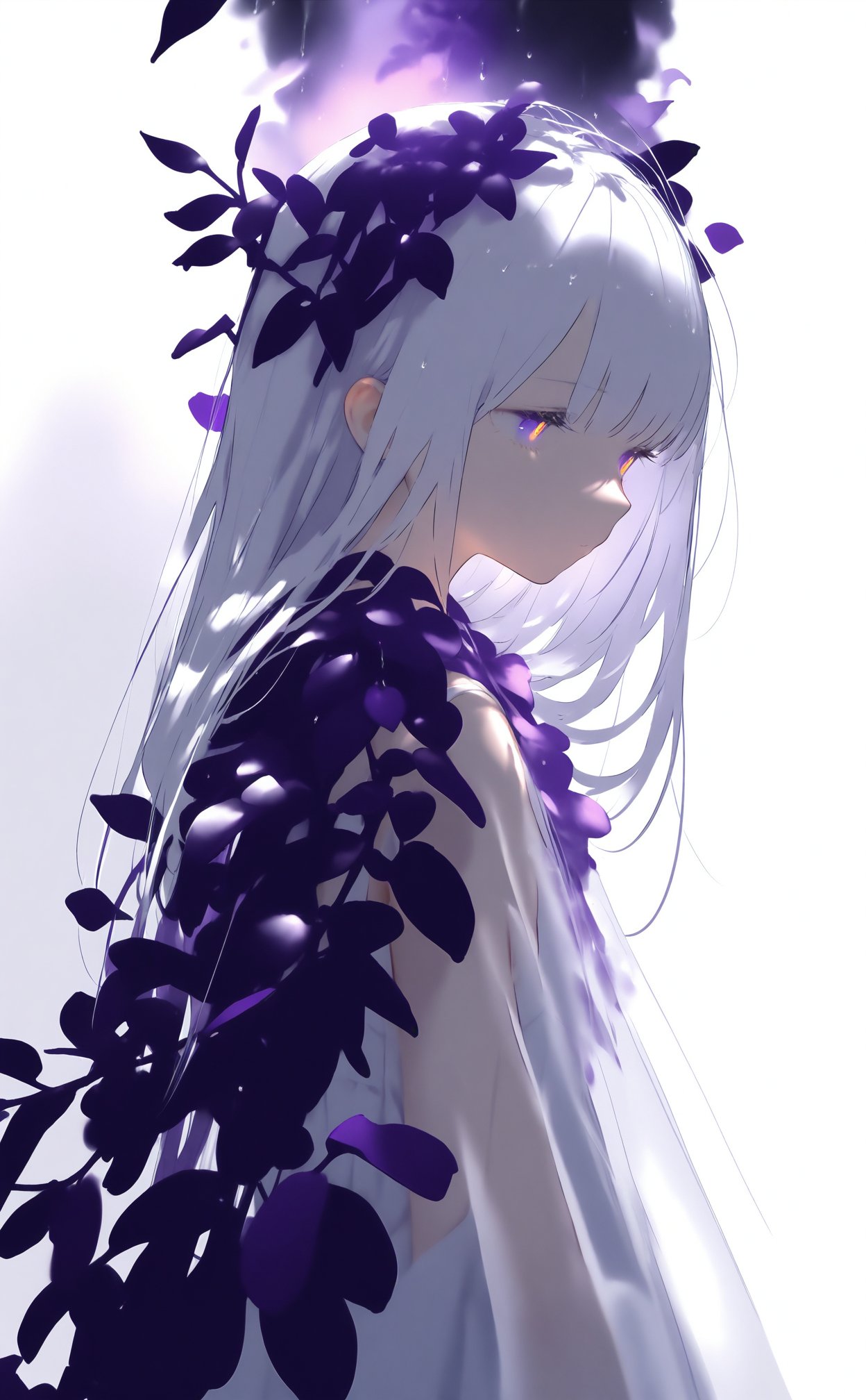 masterpiece,best quality,high quality,(colorful),nai3 Style,loli,white background,Dundar effect,a lot of purple vines,vines covering half of the painting,delicate plant details,a girl,girl,petite girl,long white hair,golden pupils,white dress,bare feet,side,side,upper body,head up,sad eyes,rain,light,figure light,petals,purple filter,left,fog,dream,unreal,Blur,float light,