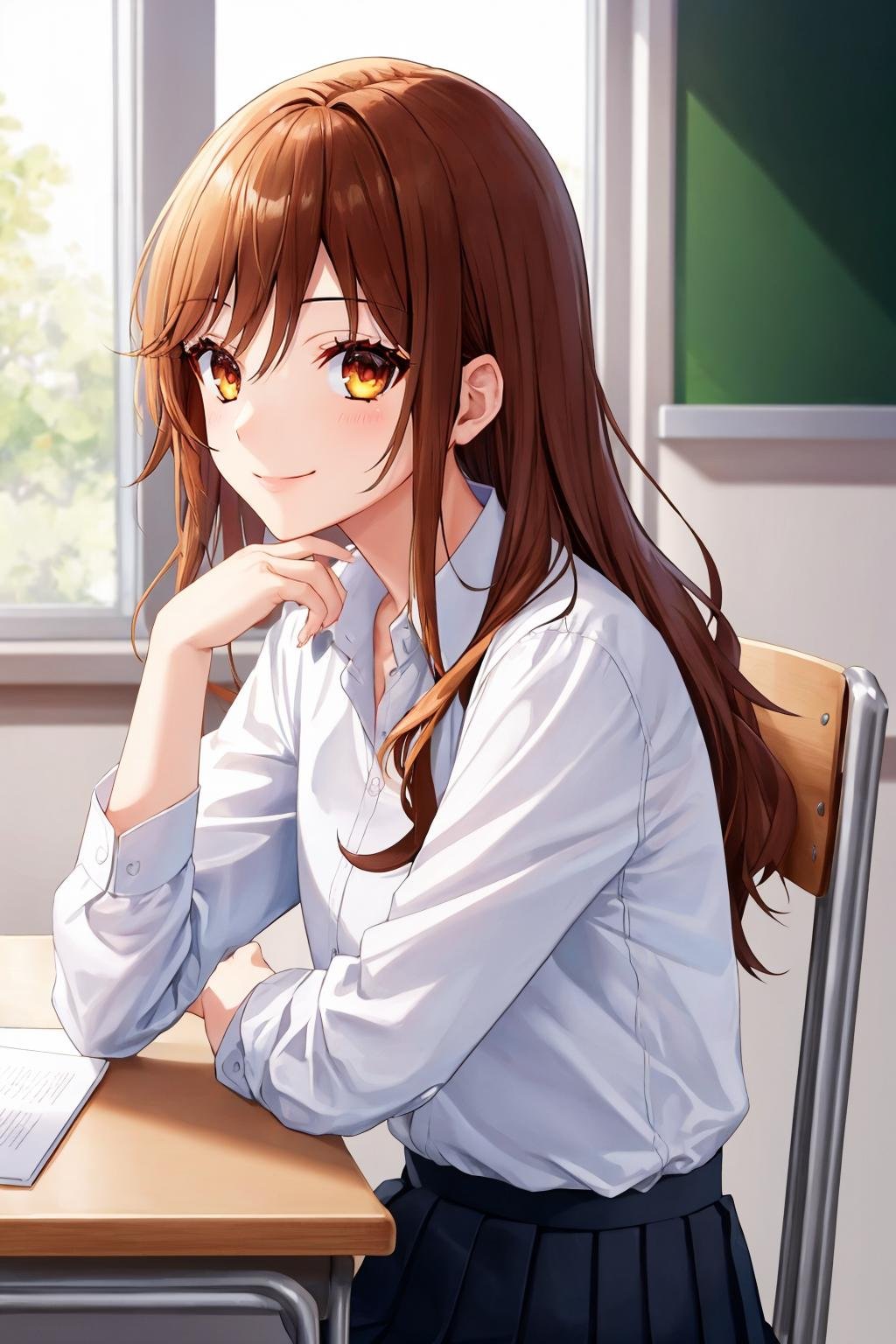 masterpiece, best quality, <lora:kyoukohori-nvwls-v1-000009:0.9> hori kyouko, white shirt, collared shirt, black pleated skirt, classroom, sitting, desk, chair, from side, smile
