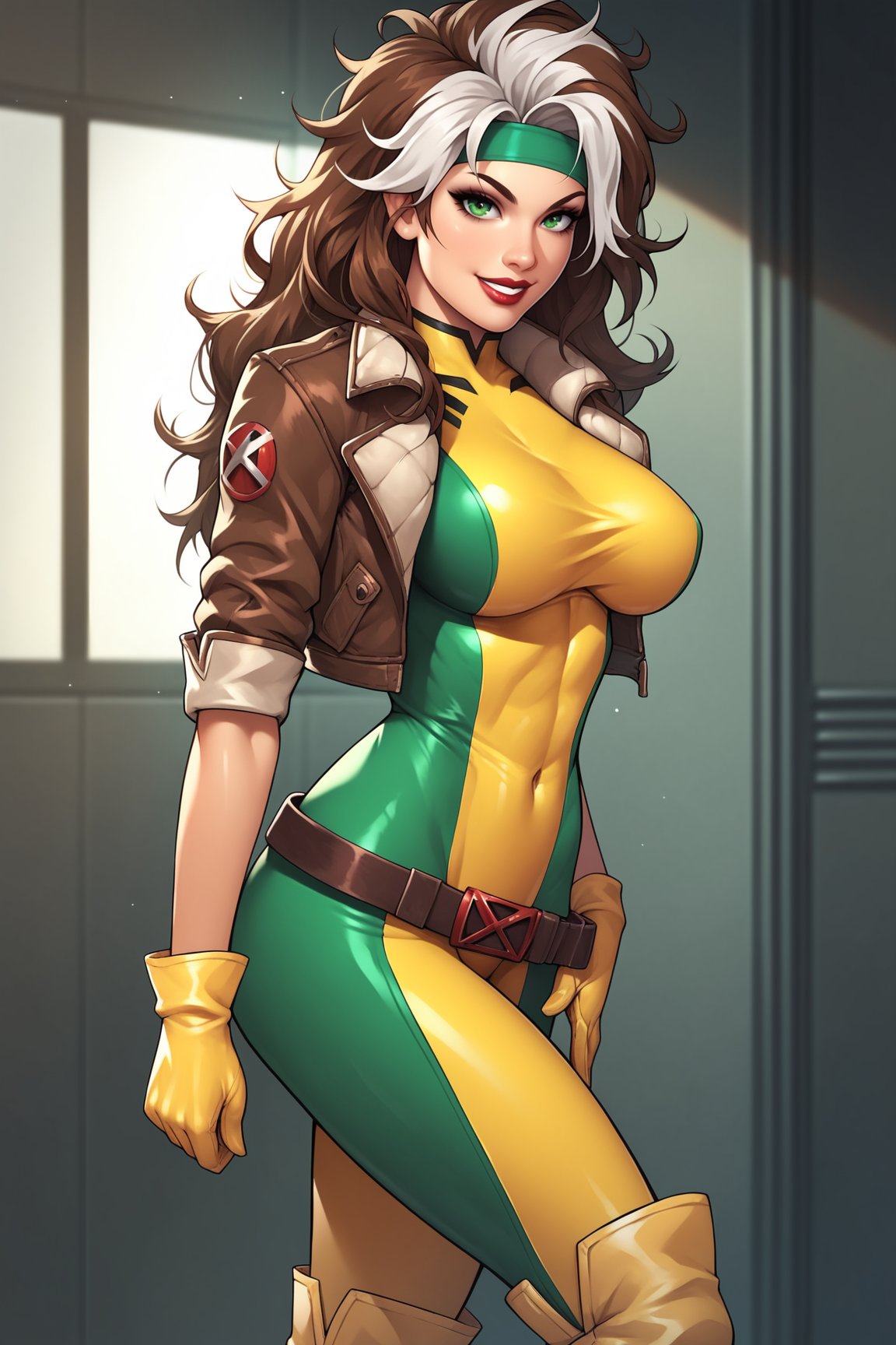 score_9, score_8_up, score_7_up, score_6_up, score_5_up, score_4_up, RogueXMXL, green eyes, lipstick, brown hair, two-tone hair, long hair, messy hair, headband, big breasts, cropped jacket, brown jacket, yellow bodysuit, gloves, belt, boots, standing, seductive smile, looking at viewer, indoors <lora:RogueXMXL:0.7>