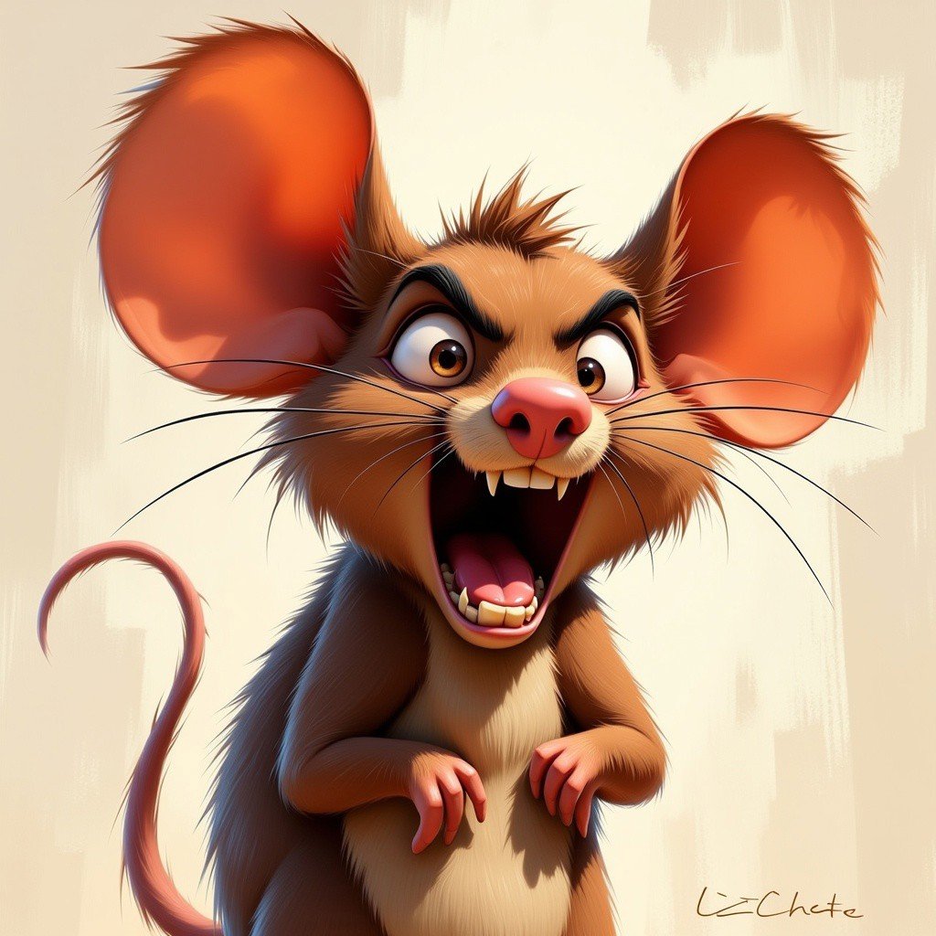 funny animals, "Digital painting of an angry cartoon mouse, full body portrait, large ears, expressive eyes, open mouth showing teeth, detailed fur, brown and orange colors, dynamic brushstrokes, abstract splatter background, exaggerated features, comedic style, high contrast, 4K resolution"