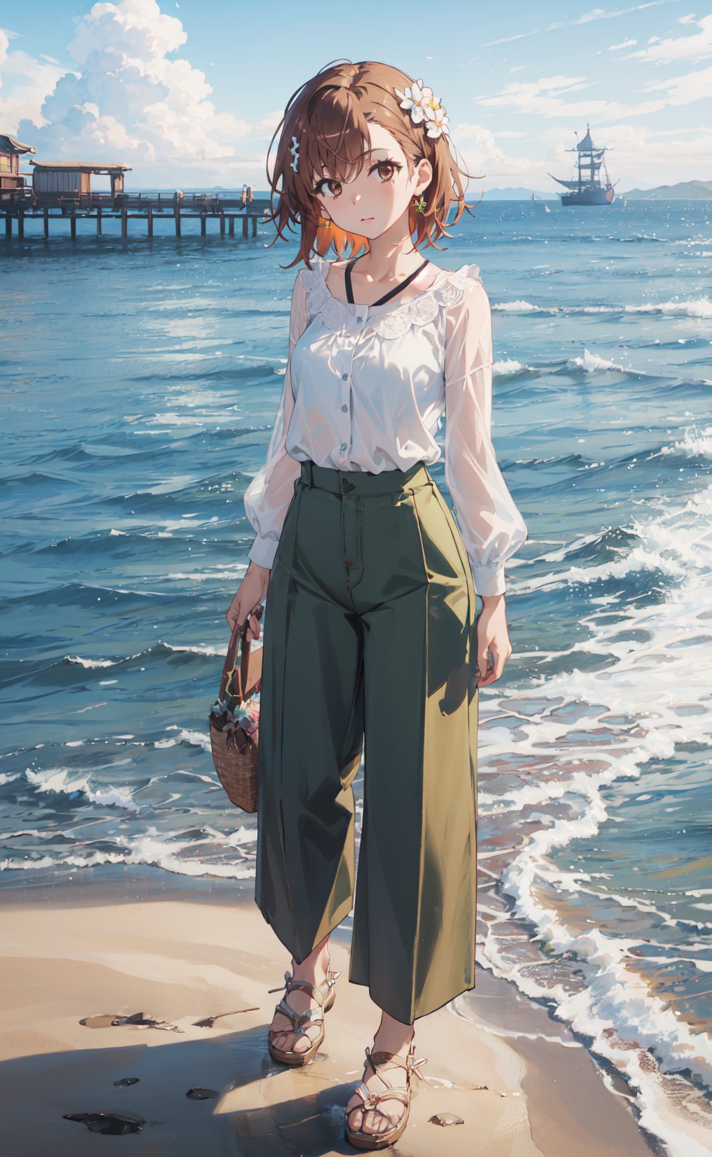 <lora:Misaka-000001:0.8>,Misaka CYQL,1girl,looking at viewer,solo,brown hair,short hair,hair ornament,hairclip,hair flower,brown eyes,(Flowy_blouse:1.5),(Wide-leg_pants:1.4),(Espadrille_wedges:1.3),(Seaside_pier_background:1.4),Climbing roses, Snow-covered cottage, Winter garden, Snowflakes, Winter wonderland, English charm,(tearing_up:1.2),(portrait:1.1),foreshortening,beautiful detailed sky,beautiful detailed glow,posing in front of a colorful and dynamic background,masterpiece,best quality,beautiful and aesthetic,contrapposto,female focus,wallpaper,