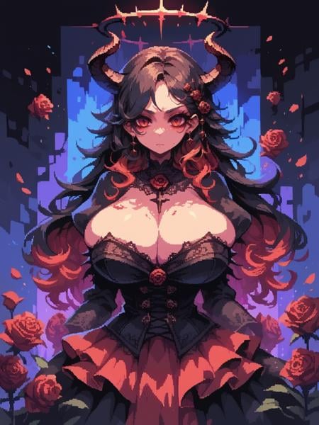 score_9, score_8_up, score_7_up, score_6_up, <lora:d3p1x3lXLP:1> d3p1x3l, pixel art, 1girl, goth, thin eyes, colored hair, portrait, red eyes, horns, halo, splash paint simple background, corset, barely contained, large breasts, bursting breasts, long hair, rose hairpin,