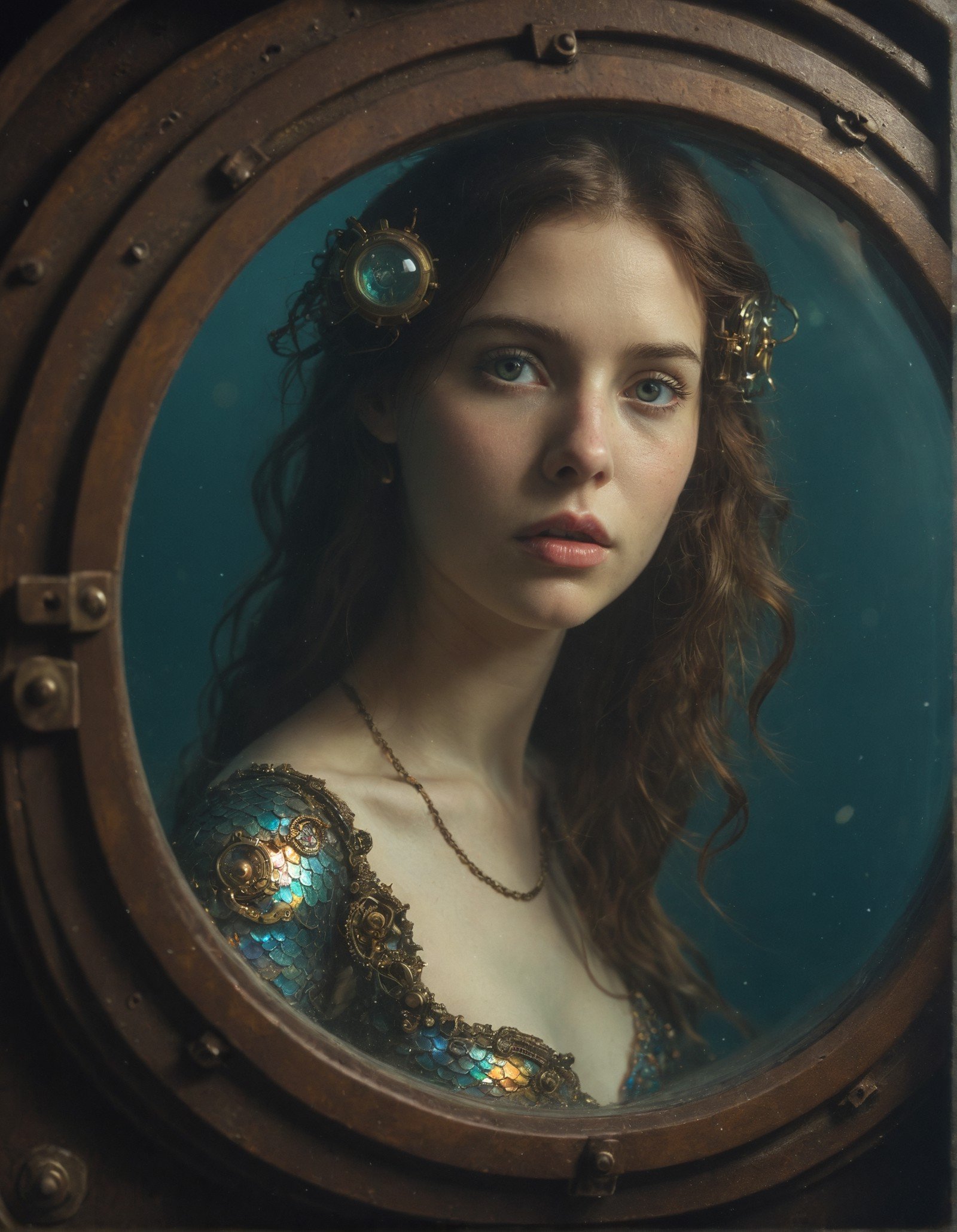 old photo of mermaid with iridescent scales, her upper body adorned with intricate brass and copper clockwork mechanisms. She's emerging from a Victorian-era submarine porthole, curiosity in her eyes. Sharp focus on both her delicate facial features and the detailed steampunk elements. Dramatic underwater lighting, with streams of sunlight highlighting her form against the dark submarine hull.