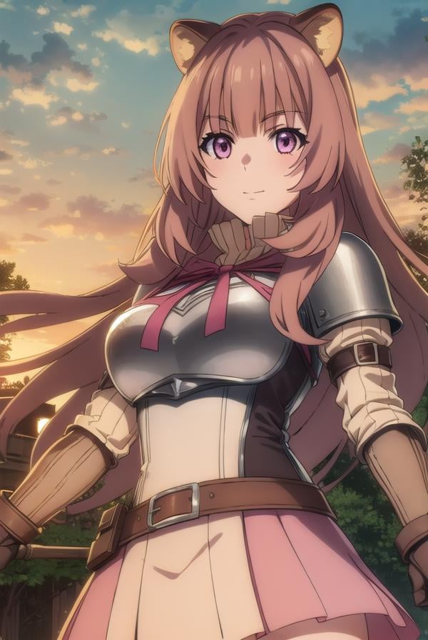 raphtalia, <lora:raphtalia s3-lora-nochekaiser:1>,raphtalia, long hair, bangs, brown hair, animal ears, raccoon ears, raccoon tail, raccoon girl, (pink eyes:1.3), smileBREAK long sleeves, sweater, ribbed sweater, puffy sleeves, breastplate, ribbon, red ribbon, gauntlets, glove, brown gloves, belt, skirt, armor,BREAK outdoors, forest, nature, sun, sky, trees, clouds, grass,BREAK looking at viewer, (cowboy shot:1.5),BREAK <lyco:GoodHands-beta2:1>, (masterpiece:1.2), best quality, high resolution, unity 8k wallpaper, (illustration:0.8), (beautiful detailed eyes:1.6), extremely detailed face, perfect lighting, extremely detailed CG, (perfect hands, perfect anatomy),