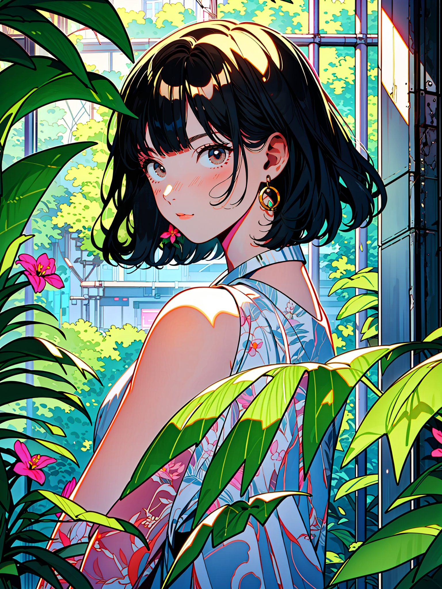 HTTP, 1girl, solo, black hair, plant, earrings, leaf, jewelry, looking at viewer, brown eyes, flower, upper body, bangs,  medium hair, looking back, short hair<lora:HTTP_20231211123040-000008:1>