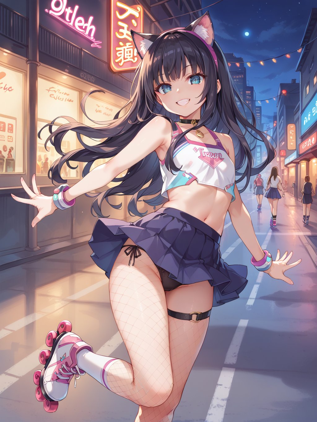 score_9, score_8_up, score_7_up, night, neon light, street, thin arms, cute, black hair, long hair, bangs, 1girl, 20 years old, pale skin, (((petite body))), black pleated skirt, rollerblading,  fishnets pantyhose, smiling, cool, dynamic, sexy, dynamic pose, (view from back), panties, cat ears band, crop top, flat chest