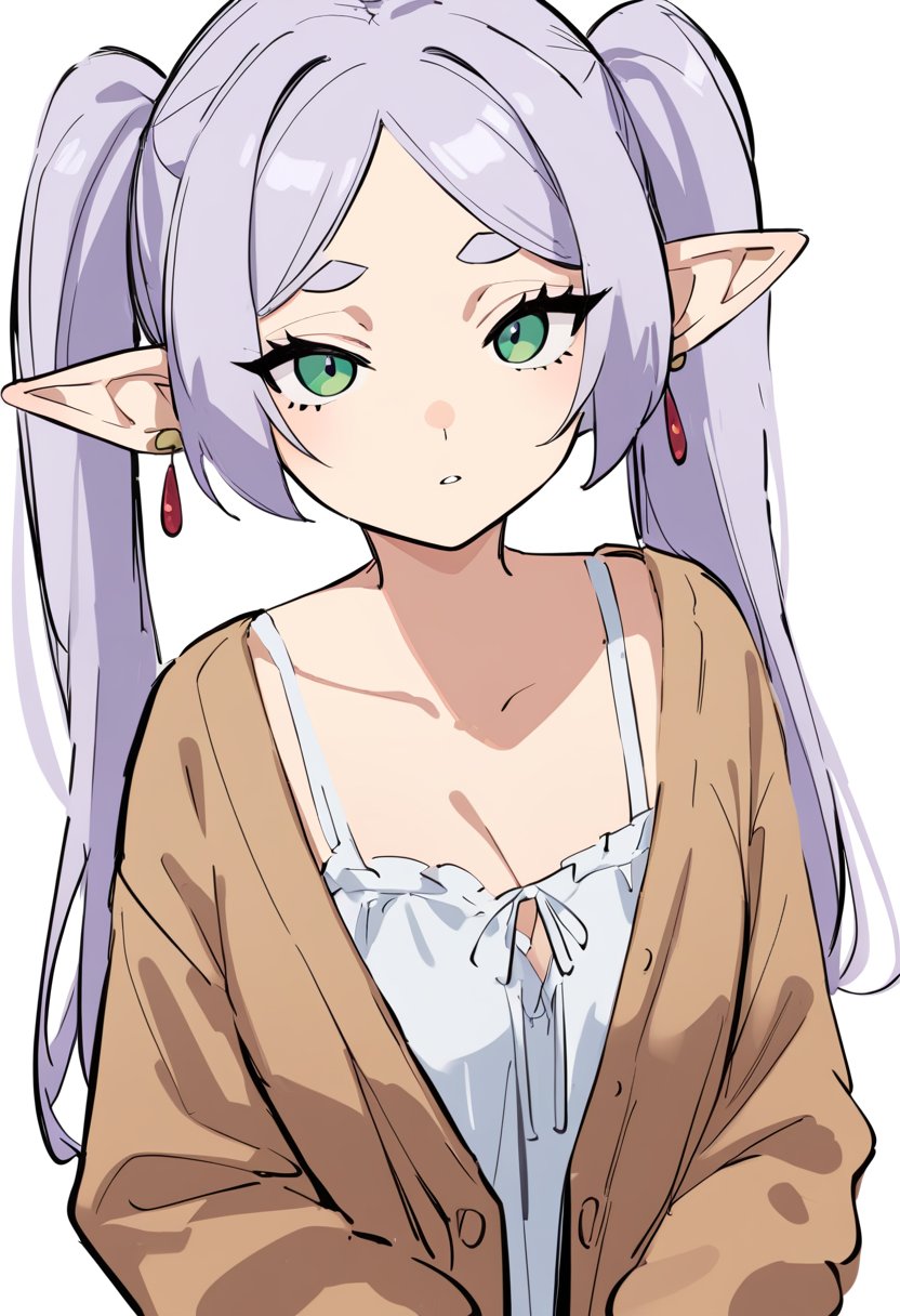 1girl, frieren, sousou no frieren,long hair, twintails, green eyes, silver hair, nightgown, cardigan, pointy ears, earrings, white background, simple background, sketch,masterpiece, best quality, very aesthetic, absurdres,