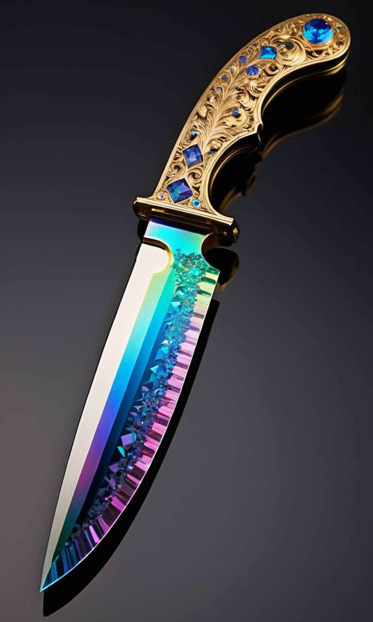 A transparent knife made out of crystal,ultra detailed,enhanced,prismatic colors,