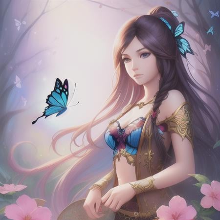 a girl with long hair and a butterfly in her hair, Medium breasts, an airbrush painting by Ross Tran, cgsociety, fantasy art, detailed painting, fantasy, enchanting