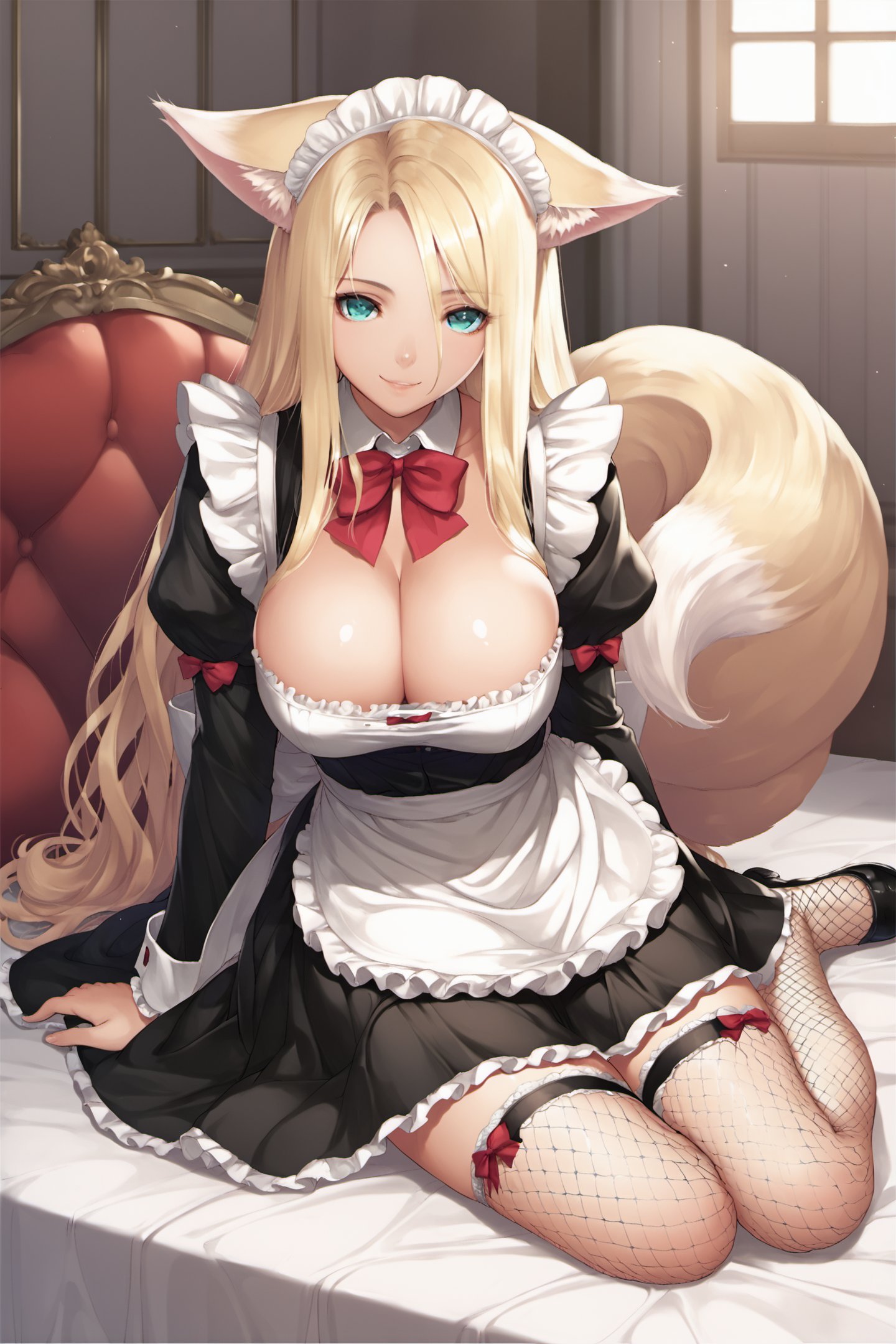 1girl,solo,animal ears,tail,breasts,maid,fishnets,long hair,blonde hair,fox tail,fox ears,cleavage,thighhighs,maid headdress,smile,sitting,fishnet thighhighs,large breasts,frills,bow,looking at viewer,aqua eyes,apron,score_8_up,<lora:TONY_XL_PONY:0.9>,