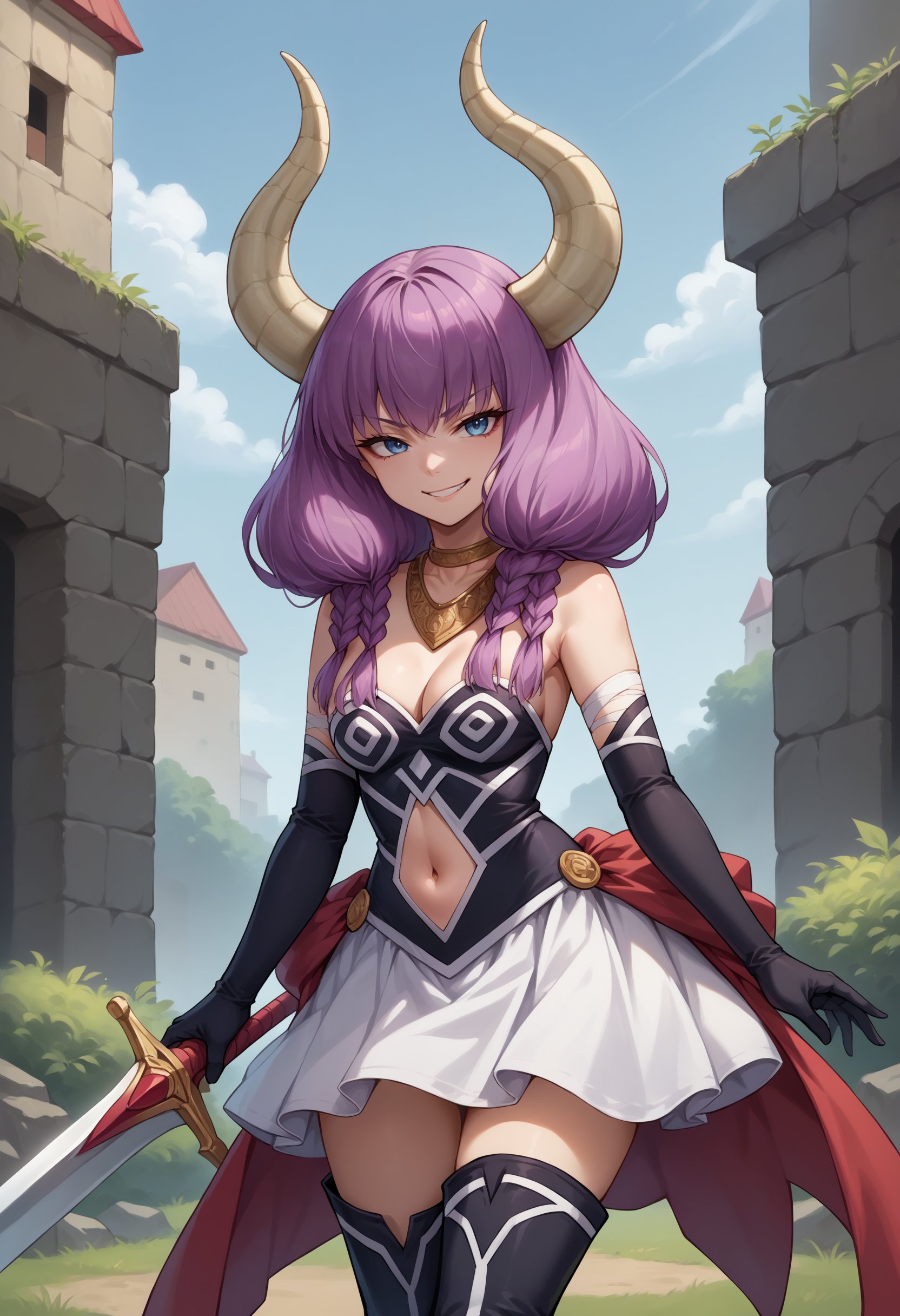 score_9, score_8_up, source_anime, 1girl, solo, AuraFrieren, purple hair, blue eyes, horns, long hair, twin braids, necklace, strapless shirt, black shirt, navel cutout, white skirt, red waist cape, elbow gloves, black gloves, thigh boots, outdoors, smirk, holding greatsword, <lora:ChamAuraPonyXL:1>