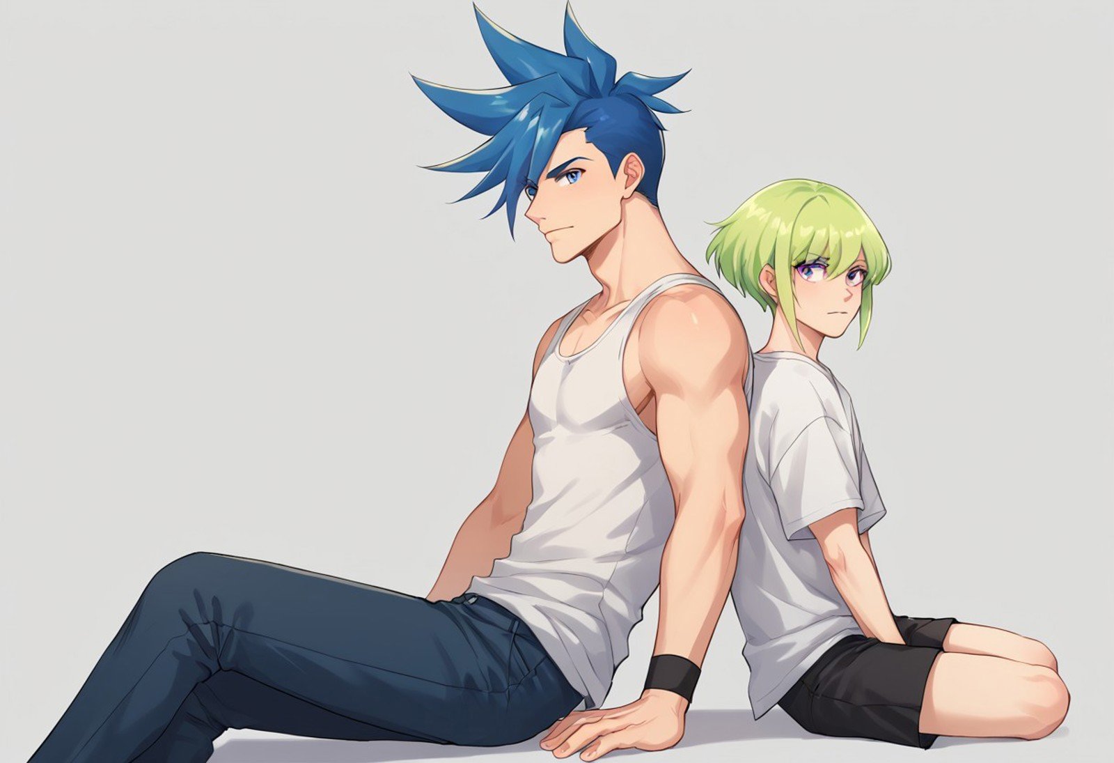 score_9, score_8_up, score_7_up, source_anime, highly detailed, 2boys,galo, 1boy, male focus, spiked hair, blue hair, blue eyes, pectorals, BREAKlio, male focus, 1boy, purple eyes, green hair, blonde hair, BREAKheight difference, back-to-back, sit,