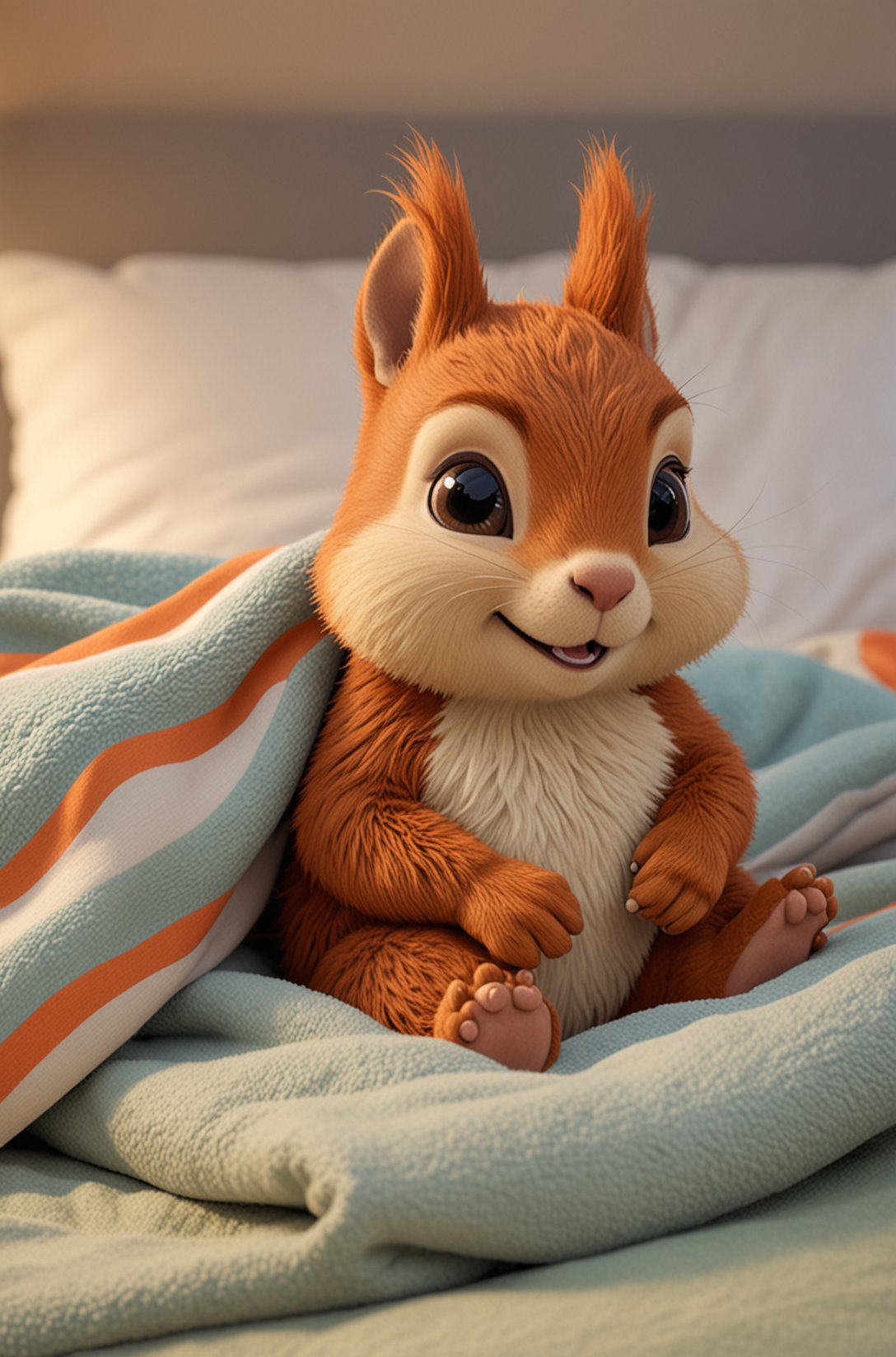 Cute cartoon style of a adorable little colourful Squirrel, snuggled, curled up, smiling, sleeping with a little blanket, tiny bedroom, on a bed under the blanket, ethereal, soft, detailed, beautiful, cosy, cute, Pixar, snoozing, 3D render, UHD