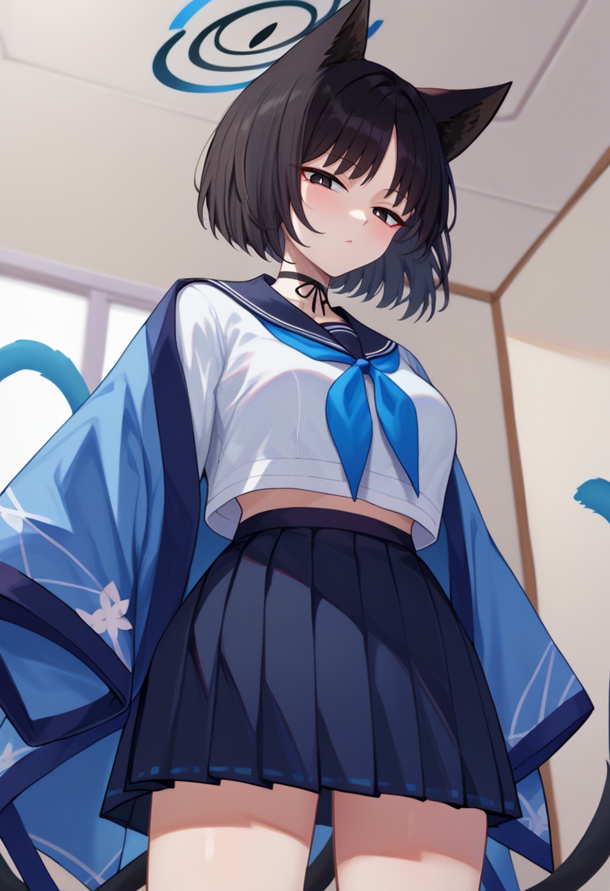 score_9,score_8_up,score_7_up,score_9,score_8_up,score_8,ultra detailed,beautiful face,highres BREAK <lora:kikyou:1>,kikyou (blue archive),1girl,solo,looking at viewer,short hair,skirt,shirt,black hair,long sleeves,animal ears,school uniform,white shirt,cat tail,pleated skirt,serafuku,choker,black skirt,sailor collar,black eyes,neckerchief,black choker,halo,blue jacket,blue sailor collar,black nails,black sailor collar,blue neckerchief,cowboy shot,room,room background, from below, 