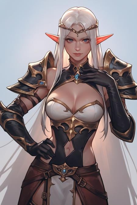 score_9, score_8_up, score_7_up, 1girl, pointy ears, breasts, long hair, solo, elf, gloves, portrait, cowboy shot, standing, cleavage, armor, white hair, elbow gloves, black gloves, looking at viewer, boots, circlet, medium breasts, very long hair, wariza, cleavage cutout, clothing cutout <lora:Smooth Style 2 SDXL_LoRA_Pony Diffusion V6 XL:1>