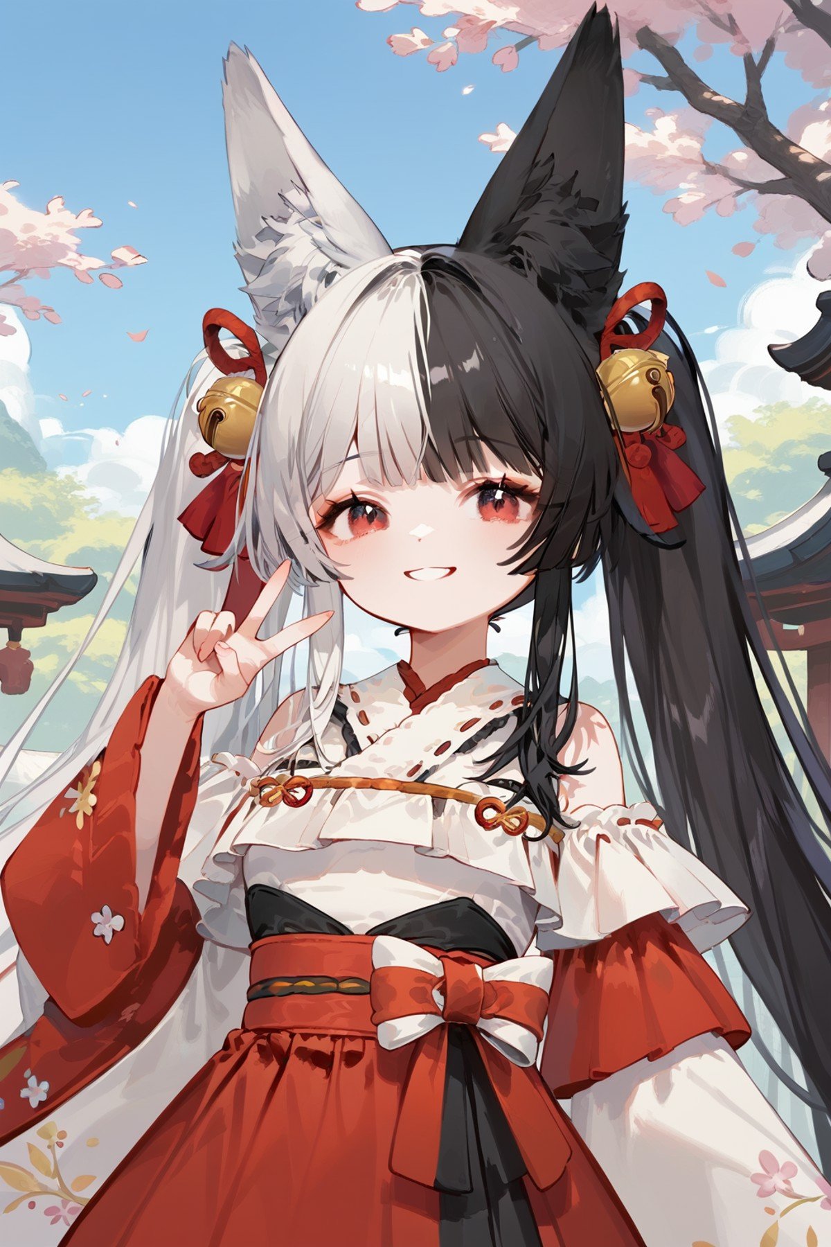 (score_9,score_8_up,score_7_up,),mana,<lora:mana-000025:0.9>,animal ears,red eyes,long hair,black hair,white hair,two-tone hair,thighhighs,red skirt,kimono,hair ornament,upper body,v,smile,