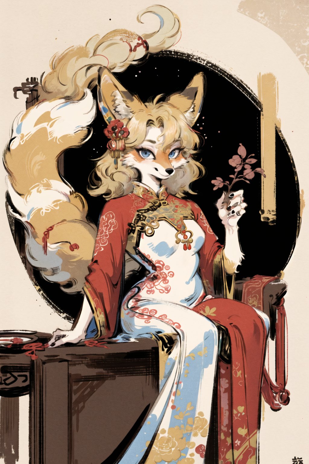 masterpiece,highres,furry fox girl,solo,blonde,chinese dress, hair ornament, anicent chinalooking at viewer, 