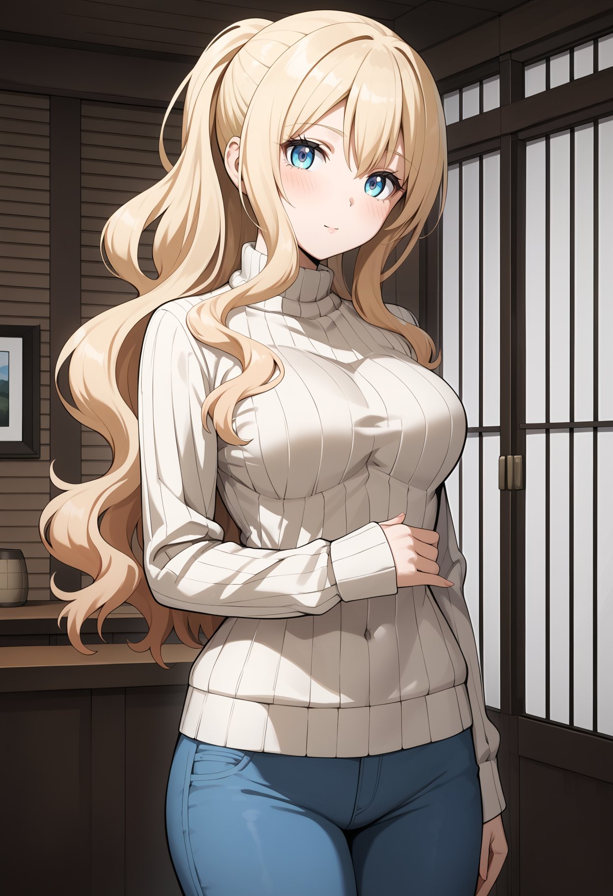 score_9, score_8_up, score_7_up, score_6_up, score_5_up, score_4_up, source_anime, aairina, long hair, ponytail, wavy hair, blue eyes, breasts, ribbed sweater, brown sweater, jean, pants, <lora:irina_jelavic_ponyxl_v1:0.9>, standing, cowboy shot, indoors, looking at viewer, 