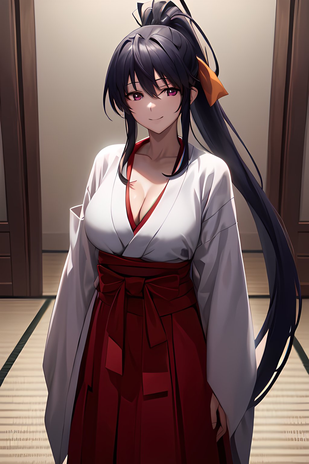 masterpiece, absurdres , (intricate details), (colorful),cinematic lighting,bust shot,extremely detailed CG unity 8k wallpaper, looking at viewer, light smile,  front view, <lora:akenoHSDXD-042:1> akenohimejima, red hakama, japanese clothes, very long hair, ponytail, cleavage