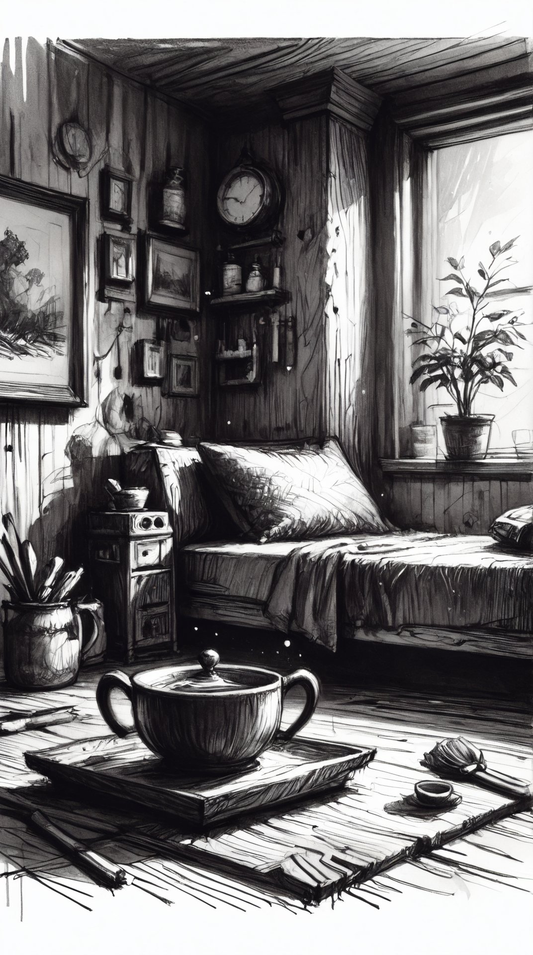 monochrome, charcoal sketch, detailed sketch (messy lines:0.6) Realistic oil painting of a steaming cup of tea on a wooden table, dimly lit attic, cold atmosphere, dust particles in the air, warm colors of the tea contrasting with the cold attic, brush stroke texture, close-up shot, cozy, inviting, vintage, antique, nostalgic, tranquil, peaceful, calm, still, quiet, thoughtful, introspective, contemplative, mindful, serene, soothing, comforting, relaxing, rejuvenating, renewing, refreshing, revitalizing, reinvigorating, restorative