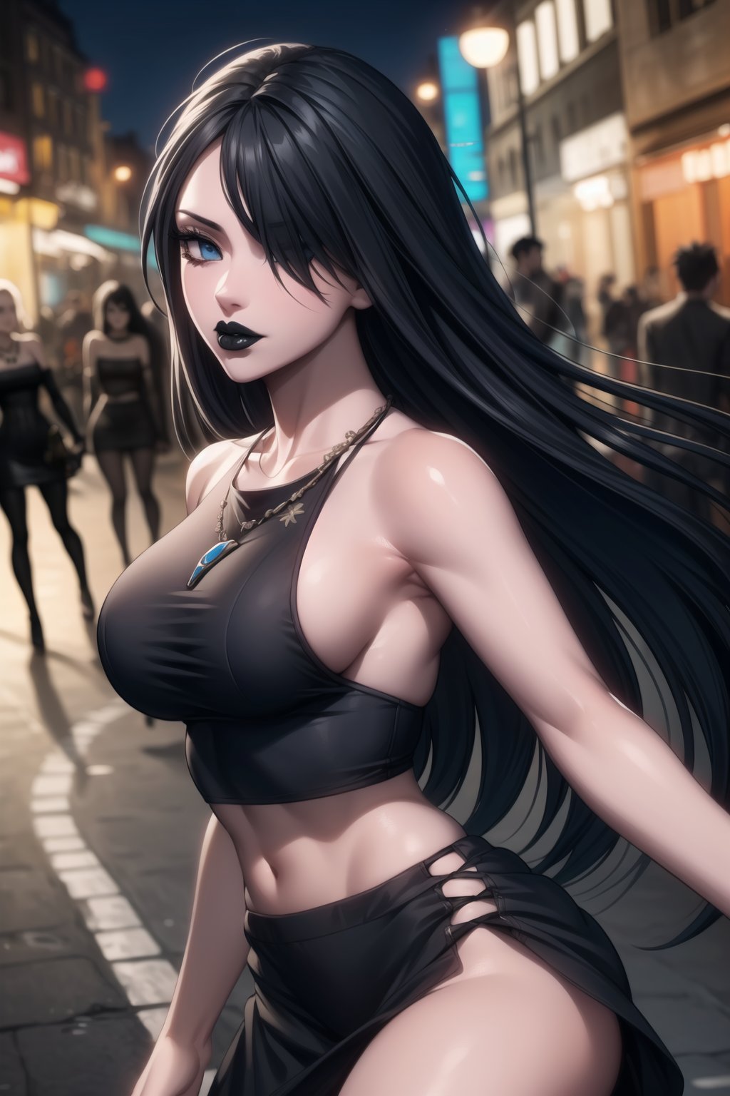 ((best quality)), ((highly detailed)), masterpiece, ((official art)), detailed face, beautiful face, (detailed eyes, deep eyes), seductive posing, (cowboy shot),lolopechka, blue eyes, (sexy:1.3), (long straight black hair, dark black hair, long straight hair, hair covering one eye:1.3), (makeup, black lips:1.3),(  pale white skin, very white skin, goth, long eyelashes, medium to big breasts, black necklace, black fishnet shirt, black tube top, black fishnet shirt over black tube top, black skirt, city street, nighttime)), intricately detailed, hyperdetailed, blurry background, depth of field, best quality, masterpiece, intricate details, tonemapping, sharp focus, hyper detailed, trending on Artstation, 1 girl, high res, official art<lora:EMS-93-EMS:0.600000>, <lora:EMS-31593-EMS:0.200000>, <lora:EMS-28161-EMS:0.300000>, <lora:EMS-401523-EMS:0.800000>, <lora:EMS-40438-EMS:0.600000>