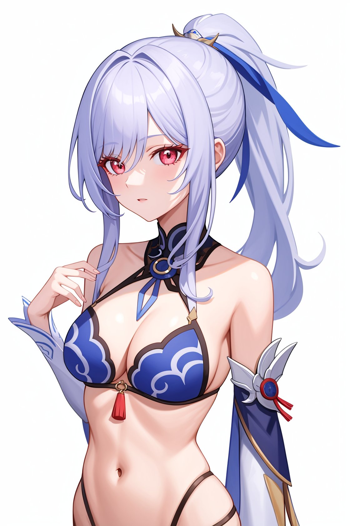 <lora:镜流v4:1:lbw=char>,jingliu,1girl,solo,bangs,bare shoulders,high quality,detached sleeves,cleavage,ponytail,bikini, (masterpiece,best quality:1.2),absurdres, high quality,