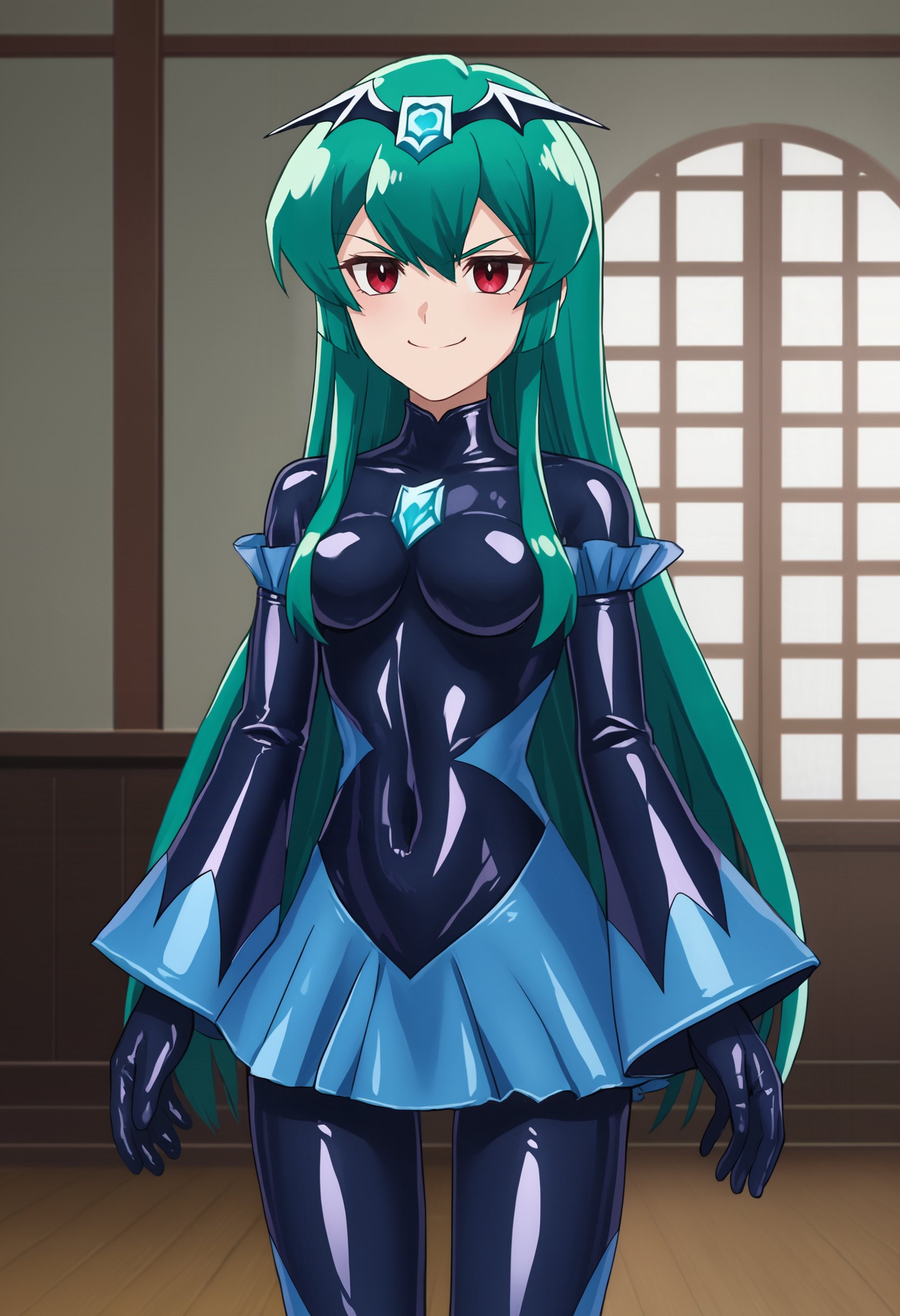 score_9, score_8_up, score_7_up, source_anime,minakami sayo, green hair, long hair, red eyes,evil smile, closed mouth, evil,badend bodysuit, latex badend, blue badend, badend tiara,standing, cowboy shot,indoors,<lora:bad-end-ot4-006:1>  <lora:brj-sayo-ponyXL-v0.6:0.8> 