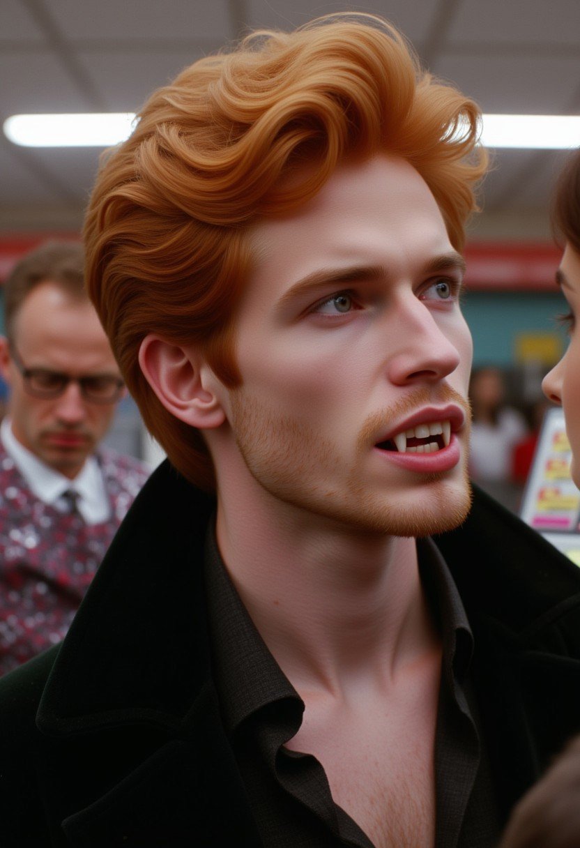 Vampyfangs1. a film still photo. 35mm. 4k. From a 2003 movie. A ginger beared ginger haired vampire man with fangs is talking to a cashier at a hot topic