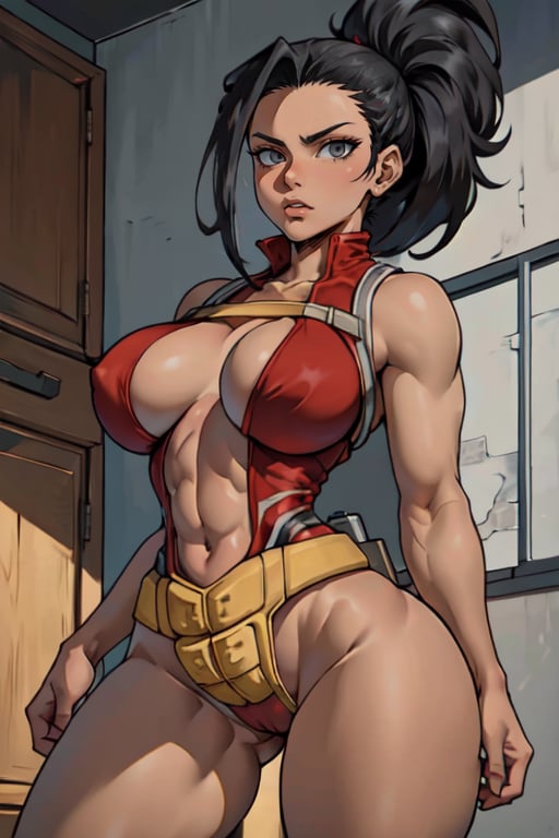 masterpiece,best quality,extreme detail,8k,1girl,yaoyorozu momo,black hair,ponytail,hair pulled back,black eyes,large breasts,red leotard,navel cutout,bare arms,bare legs,belt,<lora:Shexyoart:0.8>,shexyoart,<lora:yaoyorozu_momo_v1:0.8>,cowboy_shot,wide hips,huge ass,