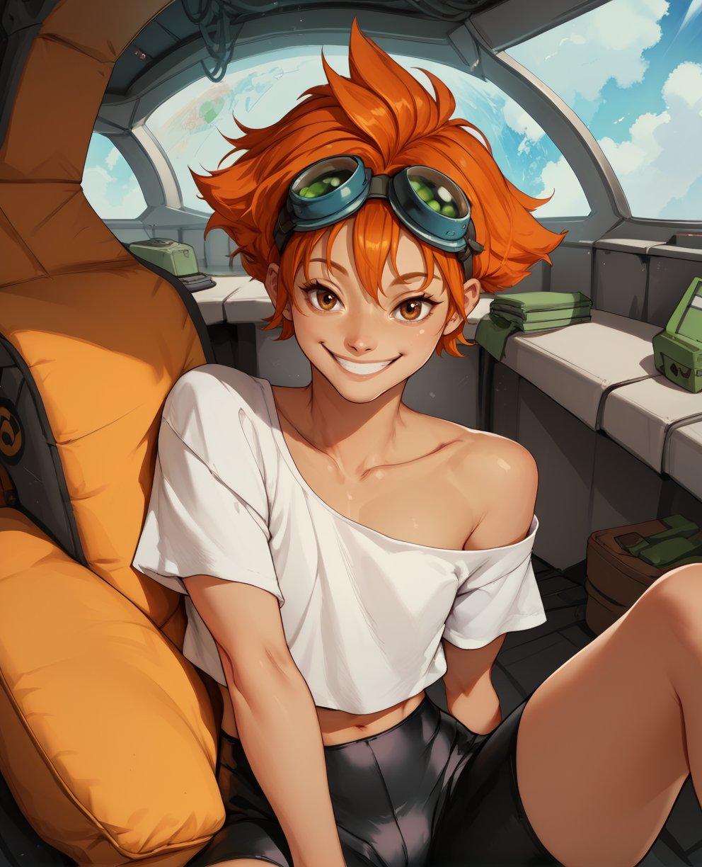 score_9,score_8_up,score_7_up,score_6_up,score_5_up,score_4_up,edwardxl,brown eyes,midriff,orange hair,white shirt,off shoulder,collarbone,bike shorts,goggles on head,smile,sitting,space station,living room,<lora:EDWARD:0.9>,