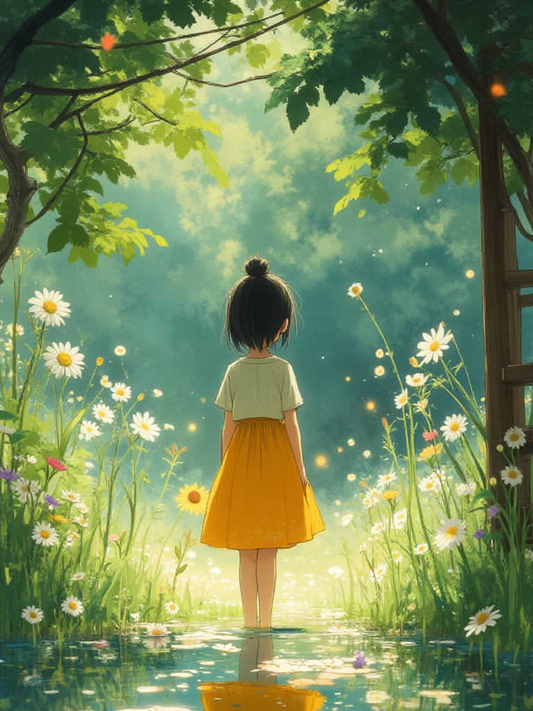 OBfencai,a medium-angle shot captures a young girl in a yellow dress, standing on the edge of a pond of water. The girl's dress is adorned with a white short-sleeved shirt and a yellow skirt. Her hair is tied back in a ponytail, adding a pop of color to the scene. The pond is surrounded by a variety of flowers, including white daisies, and green grass, creating a vibrant contrast to the water's surface. The sun is shining through the leaves, adding depth to the composition. To the right of the girl, a wooden fence can be seen.