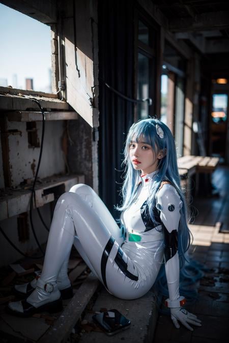 best quality, masterpiece, photorealistic, 1girl, solo, looking at viewer, bangs, full body, closed mouth, expressionless, ayanami_cosplay_costume, plugsuit, blue hair, ayanami rei, pilot suit, cosplay, long hair, interface headset, hairpods, gloves, bracer, skin tight, ( ruins:1.4), night, neon light, cyberpunk, science fiction, future city, detailed background, <lora:ayanami_cosplay_costume_v2:0.65>