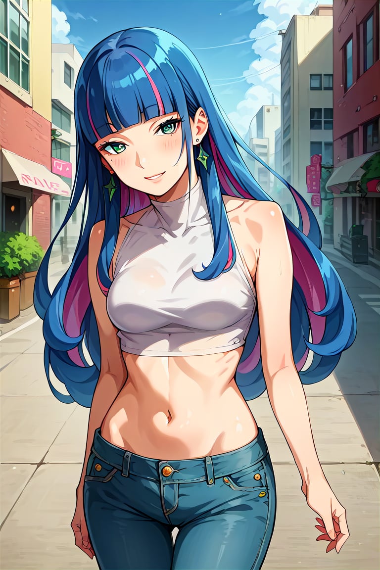 score_9, score_8_up, score_7_up, score_6_up, score_5_up, score_4_up, rating_questionable, , source_anime, digital illustration, pixiv, fanbox, uncensored, , BREAK, official art,1girl, solo, female, eida, blue hair, blunt bangs, colored colored inner hair, long hair, earrings, long sidelocks,crop top, navel, jeans, groin, city, buildings, outdoors, light smile, blush, cowboy shot, looking at viewer, colorful, vivid   <lora:Eida_Pony-10:0.8>