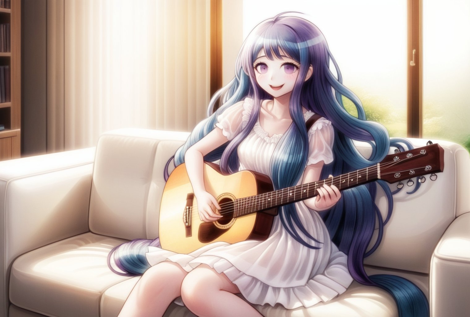 a smiling girl with purple eyes and long blue hair in a white dress sitting on a sofa playing on a guitar, sunlight through a window, hair reflection, komatsuzaki rui style <lora:danganronpa_style:0.8>