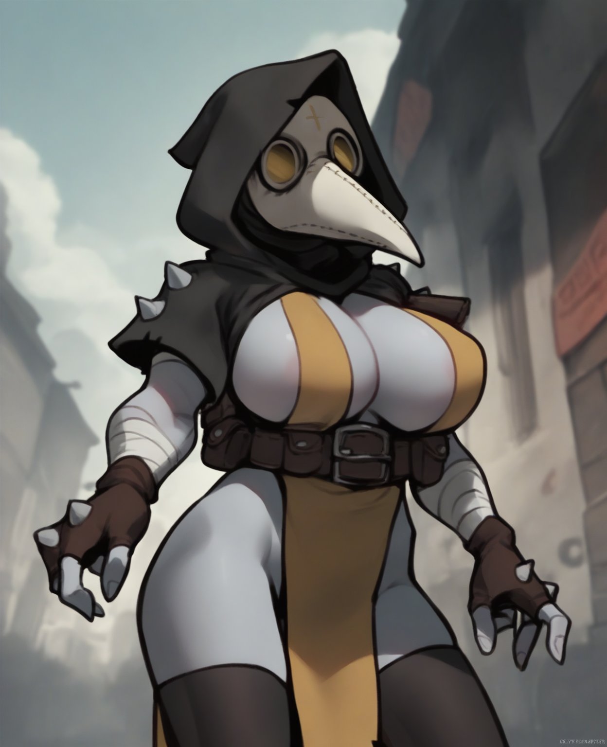 score_9, score_8_up, score_7_up, score_6_up, score_5_up, score_4_up, source_furry, digital media \(artwork\), 1girl, (mask, plague doctor:1.25), big breasts, breasts, clothed, clothing, female, fingerless gloves, gloves, handwear, hood, legwear, solo, standing, thigh highs, topwear, detailed background, outside, street<lora:plaguedoctor_pdxl_:1>