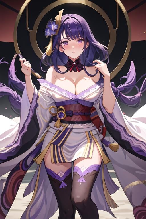 best quality, masterpiece, highres, solo, {raiden_shogun_genshin:1.15}, long_hair, purple_hair, bangs, purple_eyes, mole_under_eye, mole, breasts, hair_ornament, large_breasts, flower, braid, cleavage, hair_flower, blush, very_long_hair, 1girl, looking_at_viewer, purple_flower, closed_mouth, japanese_clothes, ribbon, tassel, armor, shoulder_armor