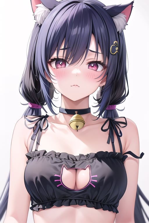 1girl, ((black hair)), ((cat lingerie)), cat shape lingerie, (((clear white background))), teenagers, (((medium_breasts))), small breast, sleeveless, red eyes, red blood pupils, half_closed-eyes, blushing, shy, upper_body, potrait, emotionless, hair ornament, hair ornament, choker, bangs, masterpiece, pout, long_hair, titty_buds, detail eyes, bright_pupils, fluffy_cheeks, hair_clips, inner_ear_fluff, (neck_bell, cat_collar, ((bell choker:1.5)), jingle_bells collar, tail, fluffy hair, messy_hair, best quality, incredibly absurdres,high detail eyes, sericar, ((twintail)), long_hair, cat ears, inner_ear_fluff, very_long_hair, high twintail, cat ears<lora:EMS-179-EMS:0.300000>, <lora:EMS-15675-EMS:1.500000>, <lora:EMS-397687-EMS:0.800000>