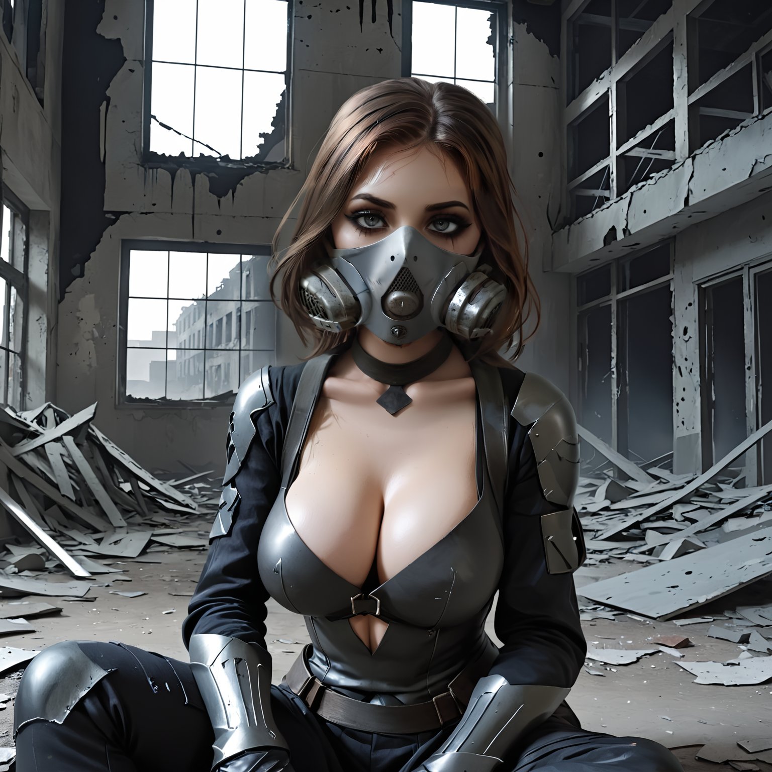 Dystopian style high quality, cpfmask_xl-cmplx, solo, 1girl, cleavage, breasts, detailed, sitting, close up, abandoned building, inside, looking at viewer, apocalypse, <lora:lora-000008.TA_trained:1.5>  . Bleak, post-apocalyptic, somber, dramatic, highly detailed