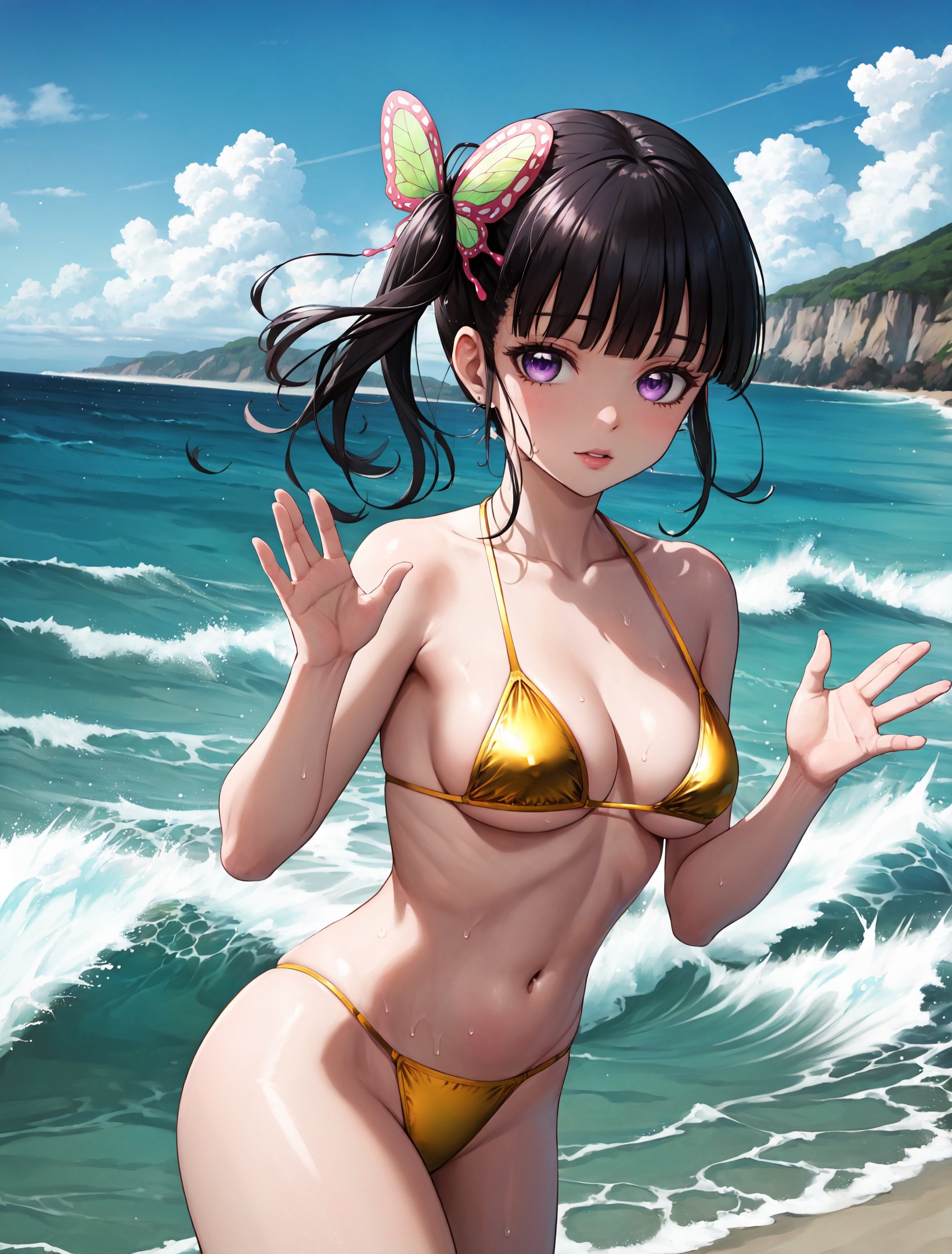 masterpiece, best quality, very aesthetic, ultra detailed, intricate details, 4k, anime style,goldbikiniai, 1girl, solo, purple eyes, black hair, long hair, blunt bangs, bangs, hair ornament, bug, butterfly, side ponytail, butterfly hair ornament,(neck:1.2), bare arms, navel, cleavage, bare shoulders, (collarbone:1.2), swimsuit, bikini, sweat, stomach, micro bikini, yellow bikini, gold bikini,cowboy shot, looking at viewer, outdoors, waving, waving arms, ocean, water, waves, beach, horizon, <lora:Gold_Bikini:1>, <lora:LoRA_Kanao:1>