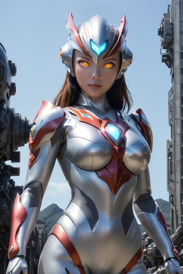 female ultraman,looking at viewer,glowing, mecha, glowing eyes, science fiction,<lora:Ultraman-000008 (1):0.5>,large breasts,