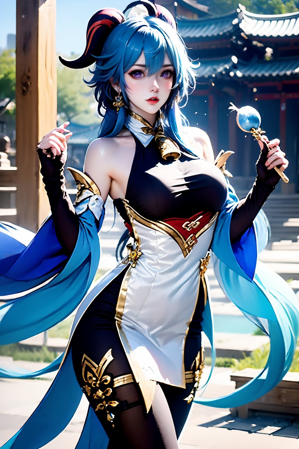 1girl, solo, ganyu \(genshin impact\), long hair, breasts, detached sleeves, blue hair, bell, horns, bare shoulders, gloves, vision \(genshin impact\), jewelry, earrings, looking at viewer, ahoge, black gloves, large breasts, bodystocking, parted lips, cowbell, tassel, lips, outdoors, goat horns, neck bell, cowboy shot, blurry, brown eyes, east asian architecture, hair between eyes, architecture, pantyhose, long sleeves, blurry background, gold trim, chinese knot, black pantyhose, pelvic curtain, flower knot, holding, fingerless gloves, thighs, standing, hand up, building, day, purple eyes, sidelocks, very long hair, wide sleeves