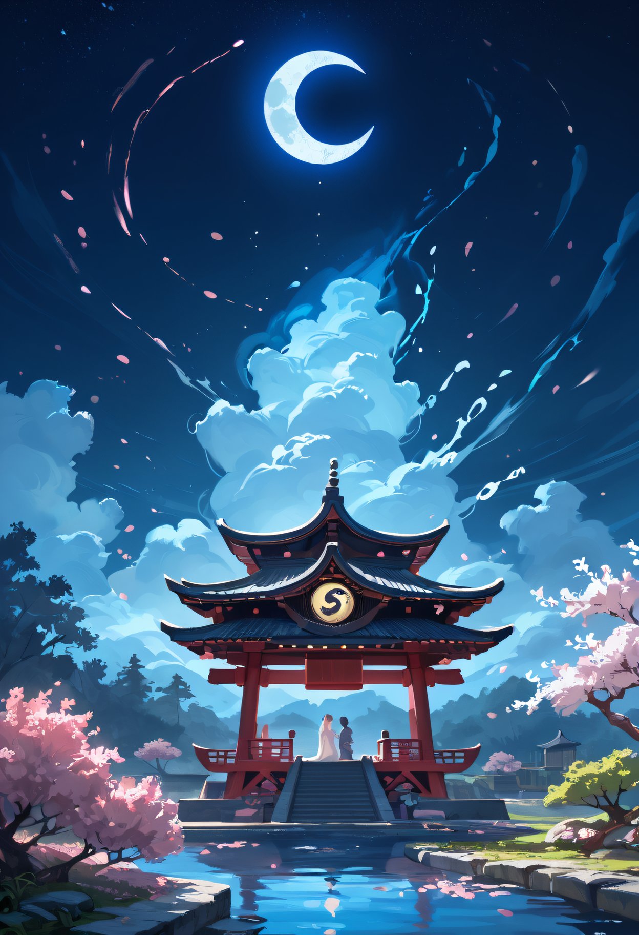 score_9, score_8_up, score_7_up, BREAK masterpiece, best quality, double exposure, realistic, whimsical, fantastic, splash art, intricate detailed, hyperdetailed, maximalist style, psychedelic, post-apocalyptic, photorealistic, concept art, sharp focus, harmony, serenity, tranquility, (yin yang symbol), japanese sakura garden, night and day, miniature crescent moon, night sky, surrounding clouds, mysterious glow, perfectly round moon, ambient occlusion, halation, cozy ambient lighting, dynamic lighting