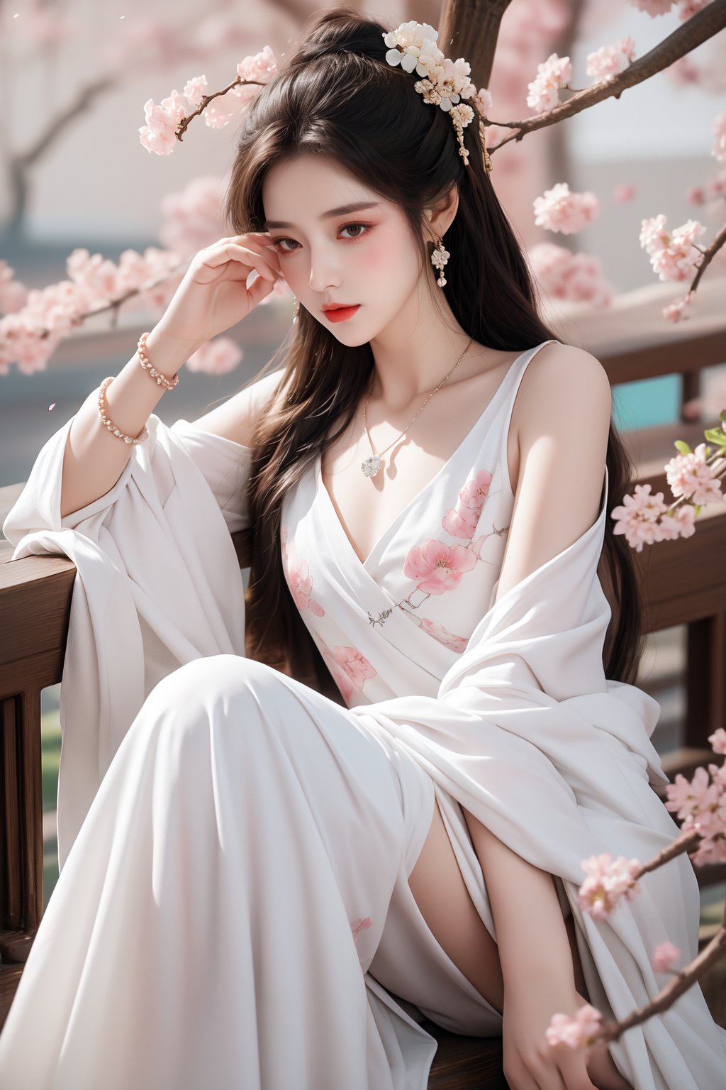 <lora:DT JL_20231017225505-000003:0.3>,1girl,jewelry,hair ornament,flower,solo,bracelet,dress,falling petals,long hair,sitting,earrings,petals,branch,chinese clothes,brown hair,hanfu,black hair,cherry blossoms,necklace,white dress,beads,