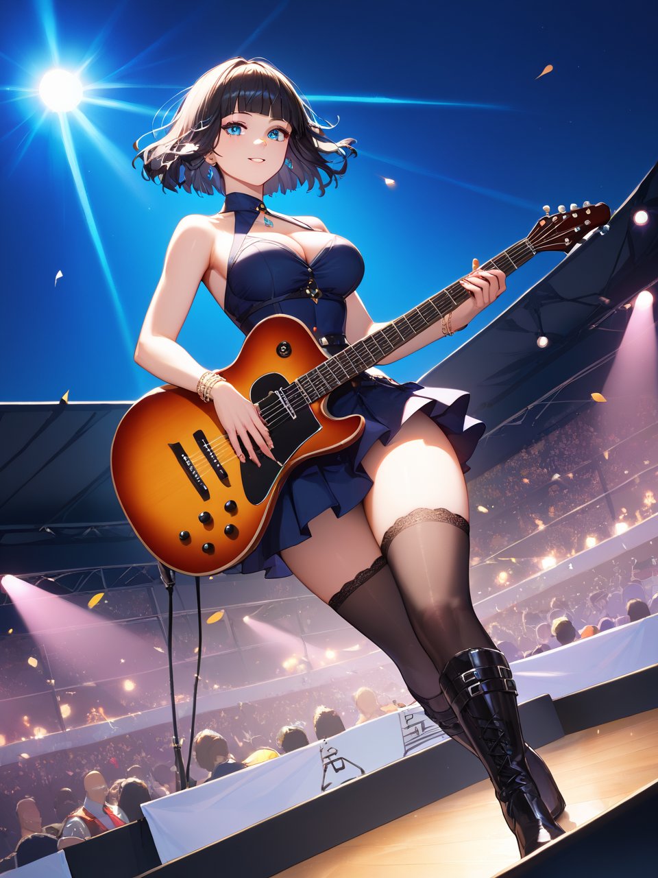 score_9,score_8_up,score_7_up,1girl,solo,best quality,highres,masterpiece,hime cut,short hair,A dynamic video still captures a candid full-body wide-angle shot of a sexy young female guitarist performing on stage at an open-air concert under the late afternoon sun. Her long,wavy dark hair flows around her as she rocks out,her striking blue eyes in passionate concentration. Her slender yet curvaceous figure is highlighted by the natural sunlight,accentuating her full,round breasts and toned body as she strums her guitar with energy and skill. her body exuding confidence and raw talent. She is wearing black boots. Behind her,a lively crowd cheers,and the expansive blue sky and green surroundings create a vivid and open backdrop. The image is filled with movement and energy,capturing the authentic and electric atmosphere of the concert.o a tree branch. It is late afternoon.,s