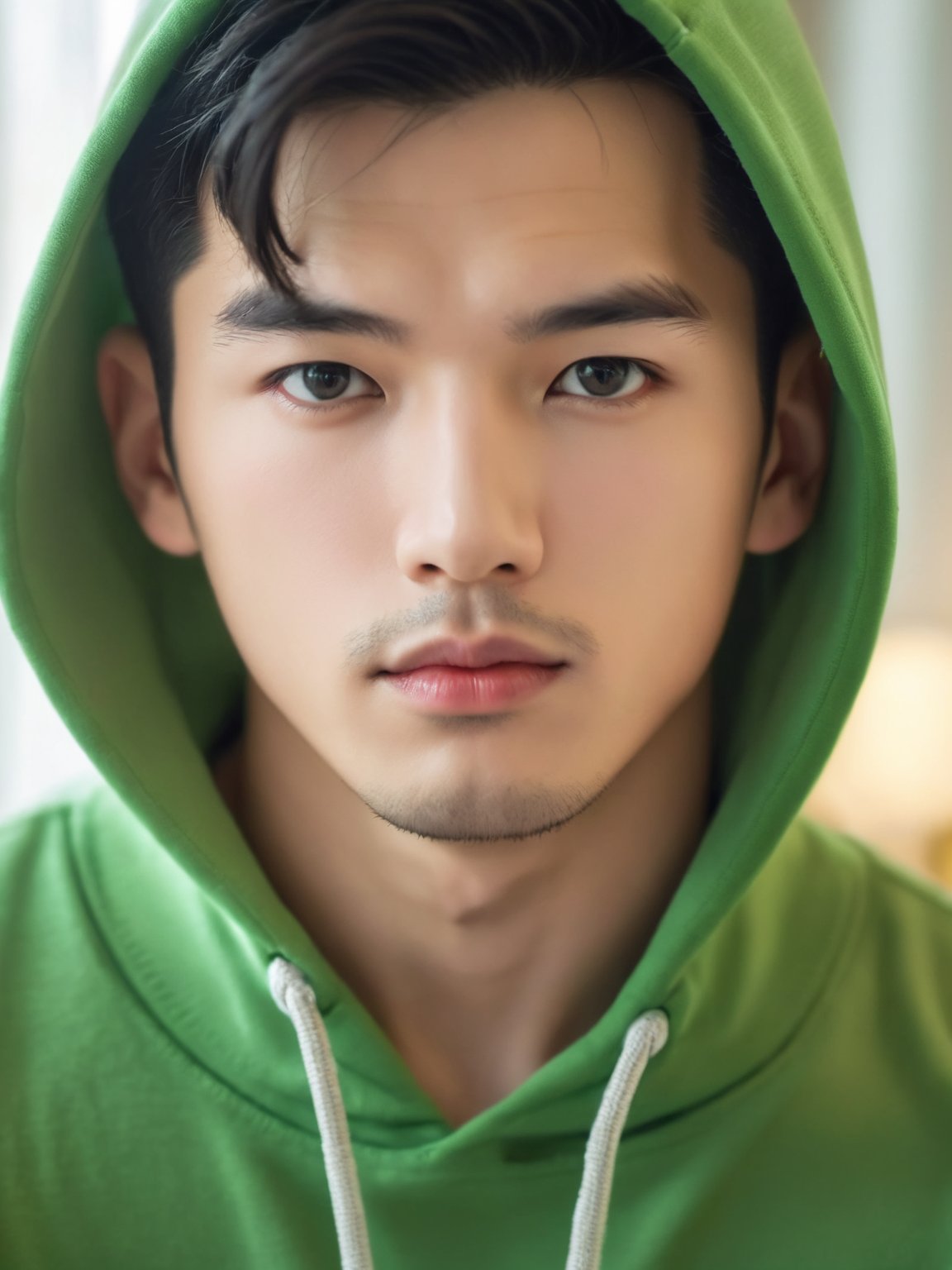 1boy,male focus,solo,hoodie,hood,black hair,looking at viewer,realistic,blurry,upper body,indoors,blurry background,drawstring,short hair,hood down,closed mouth,black eyes,green hoodie,lips,depth of field,stubble, masterpiece,best quality,