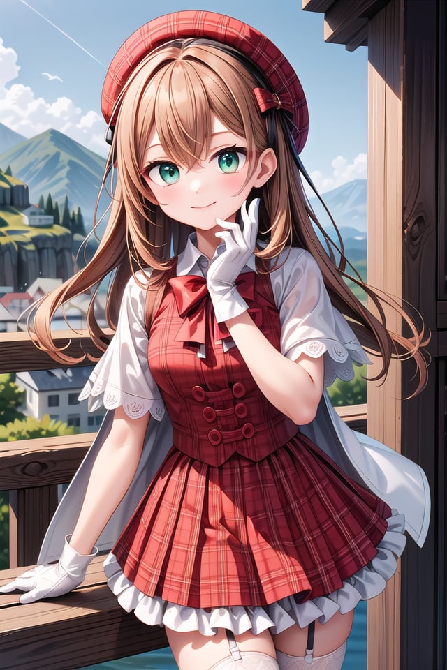 insanely detailed, absurdres, ultra-highres, ultra-detailed, best quality,1girl, solo, nice hands, perfect handsBREAK(nsfw:-1.5),(gothic drress, Idol costume:1.3), (red and white theme:1.2), (white blouse:1.4), (white collar, tie:1.3), (open short-cape:1.3), (short sleeve:1.2), (red tartan-check pattern (ruffle-skirt, multilayer-skirt):1.4), (white basque-beret with ribbon:1.3), (Fishnet stockings:1.3), (glove:1.2), (cleavage:-1.5)BREAKhappy smile, laugh, closed mouth,from below,cute pose, cowboy shot, looking at viewerBREAKslender, kawaii, perfect symmetrical face, ultra cute girl, ultra cute face, ultra detailed eyes, ultra detailed hair, ultra cute, ultra beautifulBREAKon hilltop, mountainscape, mountain,depth of field, ultra detailed background,(very wide, panorama view, sense of depth, magnificent view:1.3)BREAKmedium large breastsBREAK(orange hair, green eyes), long hair, hair between eyes