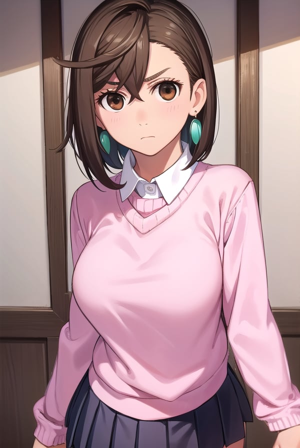 momoayase, <lora:momo ayase manga-lora-nochekaiser:1>,momo ayase, short hair, brown hair, (brown eyes:1.5), bangs, thick eyebrows,BREAK skirt, school uniform, pleated skirt, shoes, socks, loafers, sweater vest, (pink sweater:1.5), shirt, white shirt, collared shirt, earrings, green earrings,BREAK indoors, classroom,BREAK looking at viewer, (cowboy shot:1.5),BREAK <lyco:GoodHands-beta2:1>, (masterpiece:1.2), best quality, high resolution, unity 8k wallpaper, (illustration:0.8), (beautiful detailed eyes:1.6), extremely detailed face, perfect lighting, extremely detailed CG, (perfect hands, perfect anatomy),