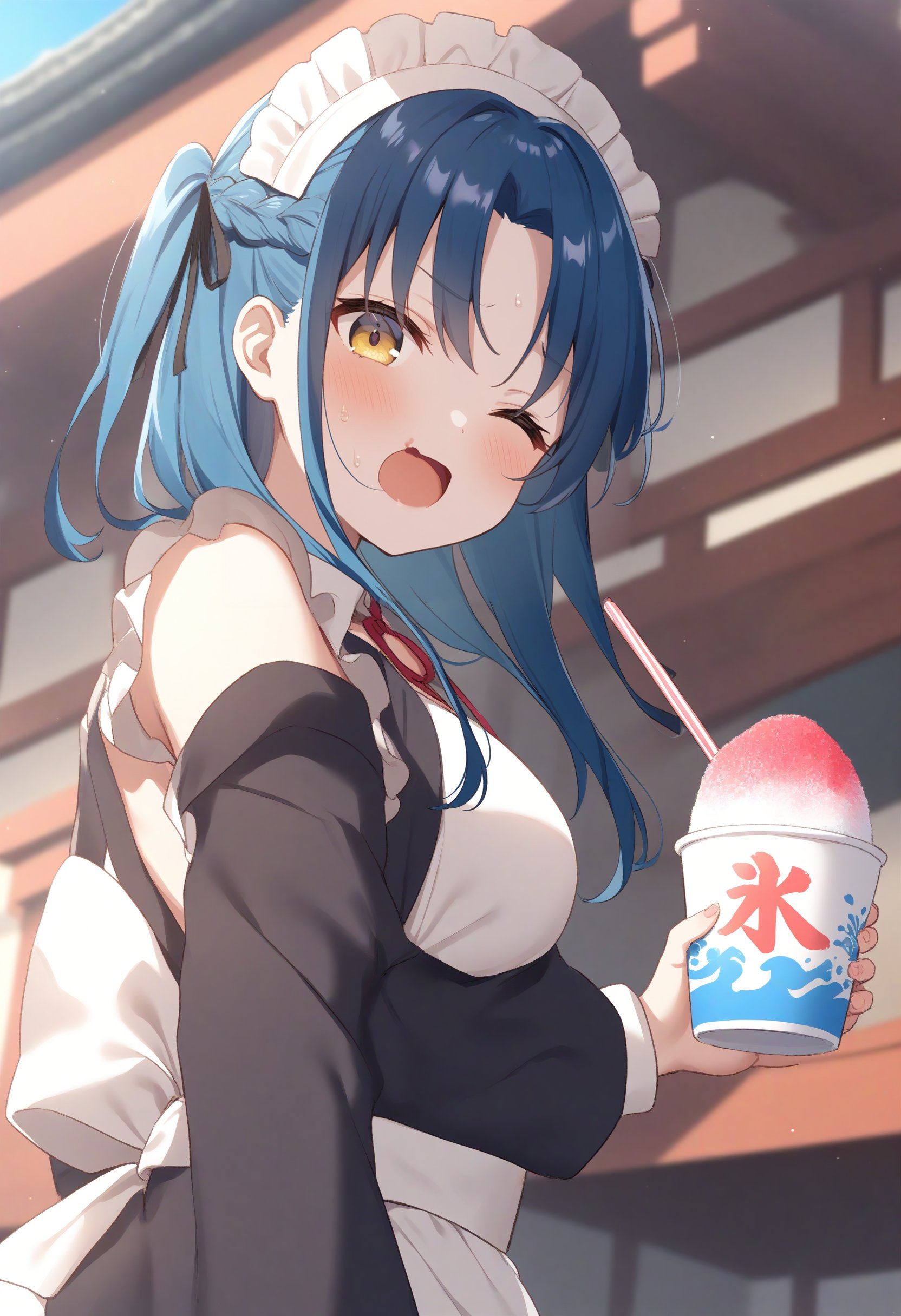 1girl,sincos, ningen mame, toosaka asagi,solo,large breasts,20yo,maid,maid headdress,shaved ice,<lora:shavedice_XL_v1:0.8>holding drinking straw, spoon straw, eating, open mouth,from below, cinematic angle, looking back, blue hair, golden eyes,wince, temple, closed mouth, braid hair,,best quality, very aesthetic, absurdres