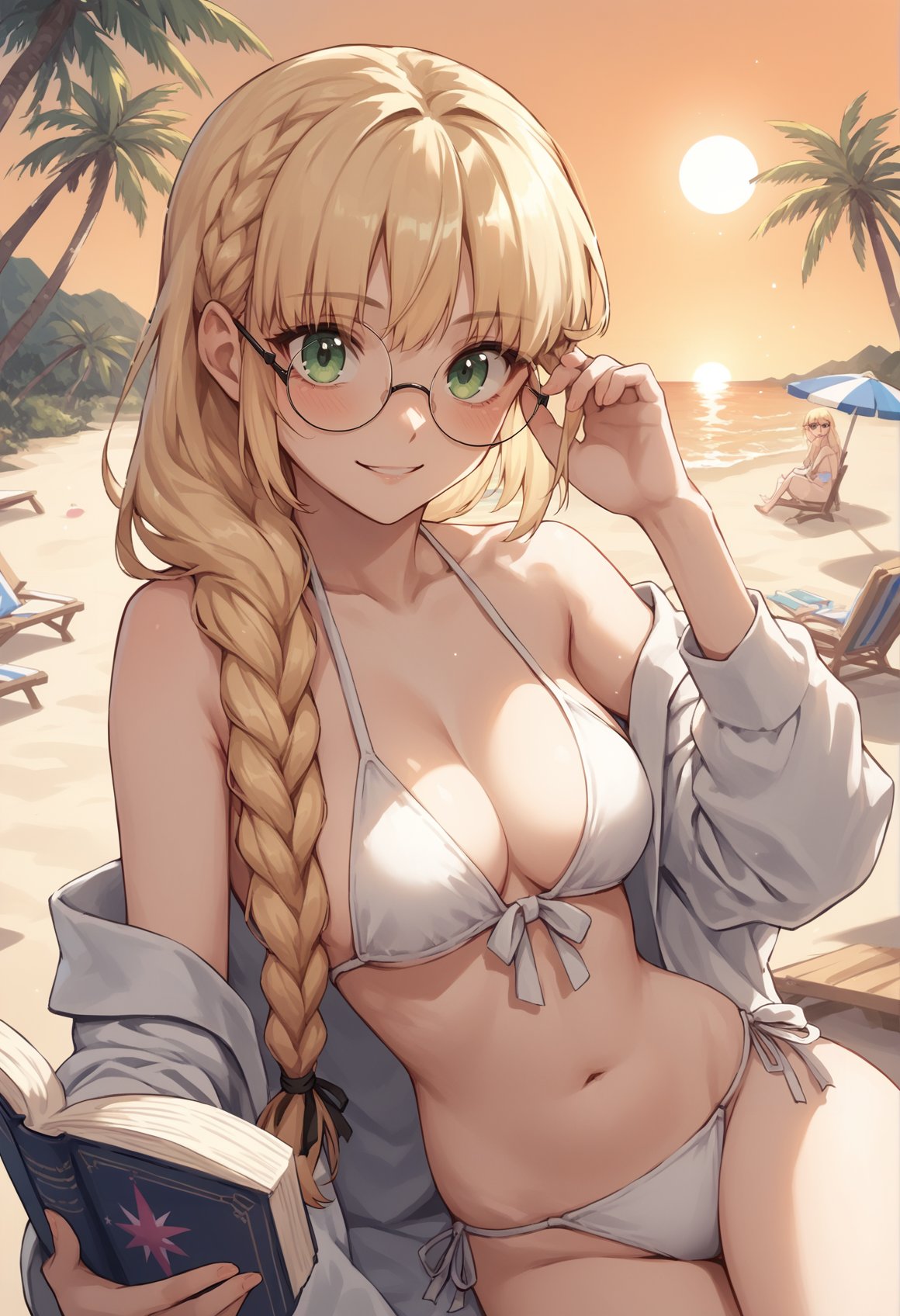 1girl, blonde hair, long hair, green eyes, braid, glasses, round eyewear, white bikini, jewelry, hand on hair, looking at viewer, smile, holding book, outdoors, beach, palm tree, twilight, sun, orange sky, blushing  <lora:Castoria:0.8>, score_9, score_8_up, score_7_up, score_6_up, score_5_up, score_4_up, BREAK source_anime, masterpiece